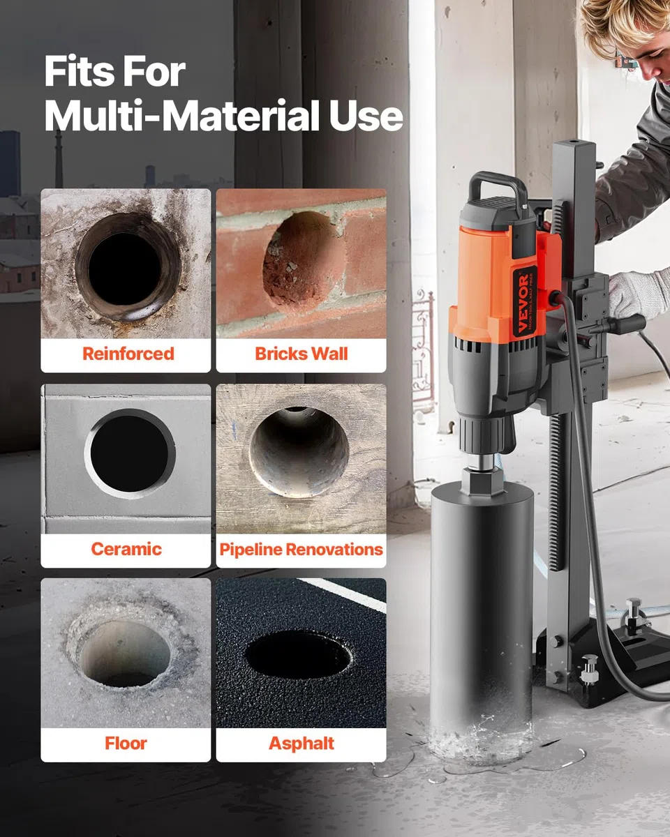 VEVOR Taladro de Diamante Diámetro Máximo de 26 cm Máquina Perforadora de Diamante Profundidad de 60 cm Taladradora Diamantina Húmeda 3200 W 750 rpm para Agujeros Construcción de Hormigón Armado