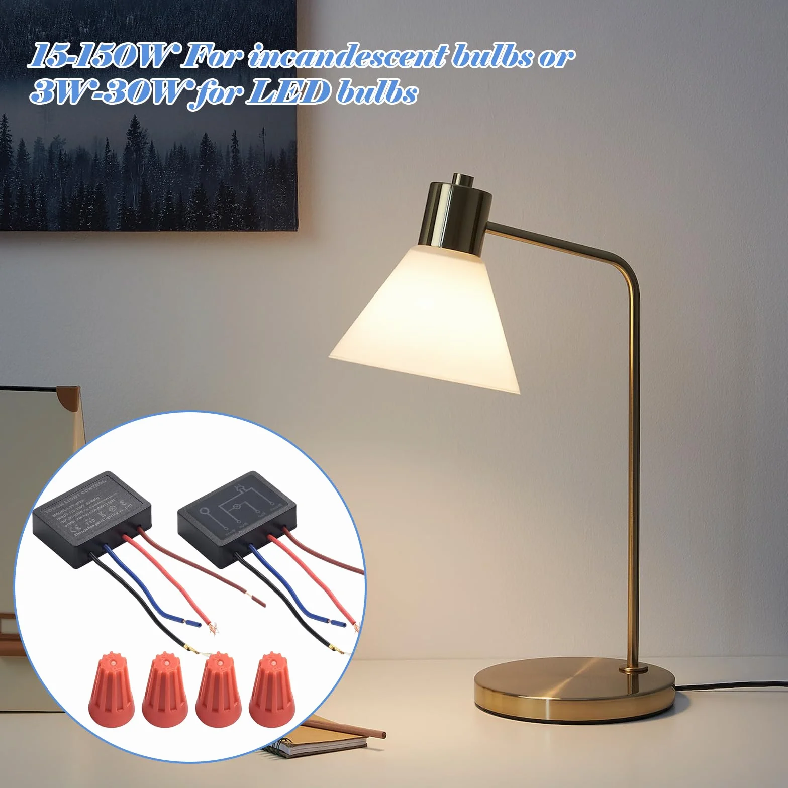 Juego de 2 interruptores táctiles para lámparas de mesa, 4 vías, sensor táctil, regulador de intensidad, con tapas de cable, para lámparas de mesa, lámparas de pie, lámparas de pared y