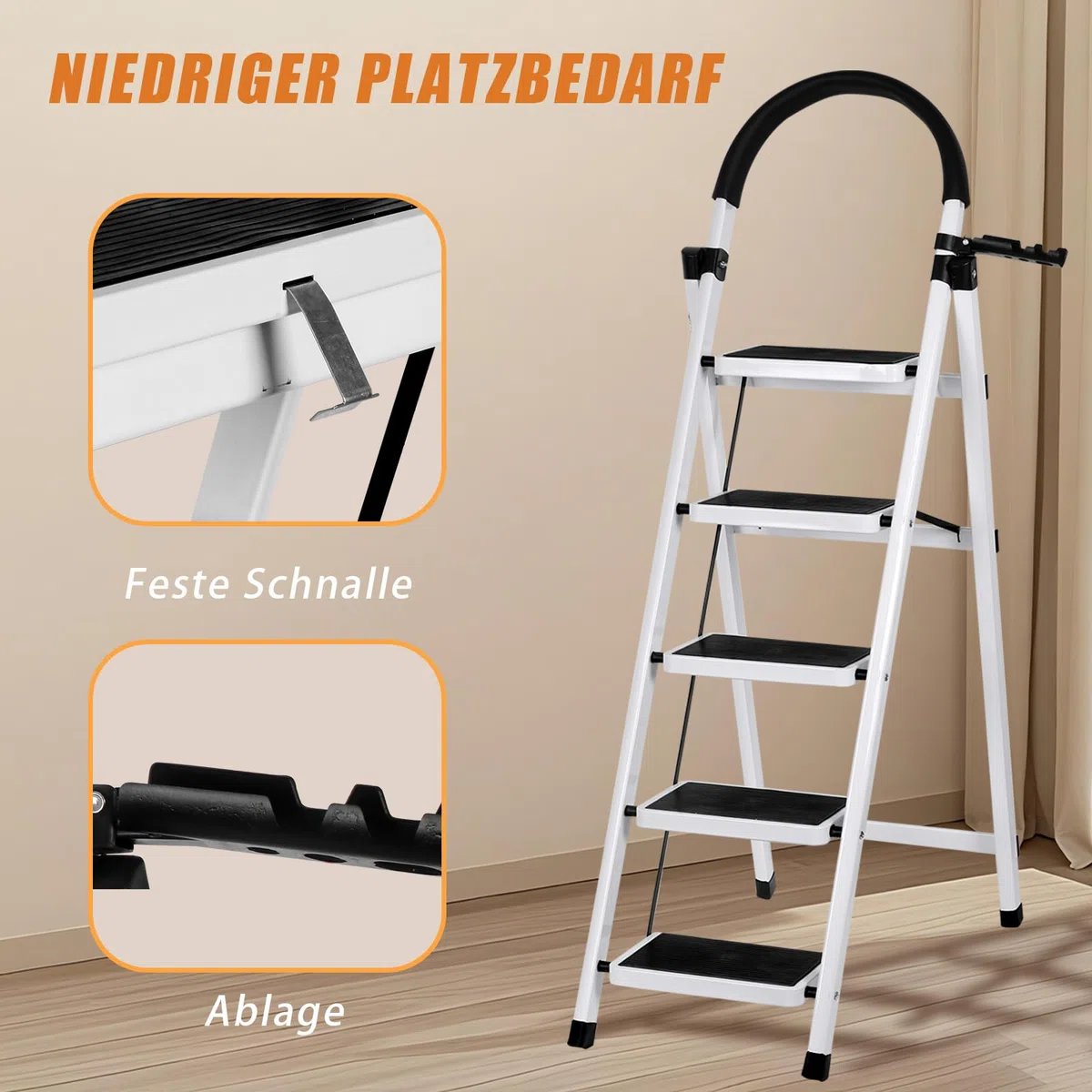 Escalera plegable de 5 peldaños, escalera plegable de 5 niveles, con bandeja para herramientas y pasamanos, escalera doméstica para casa, cocina, trastero, armarios, oficina, color: blanco