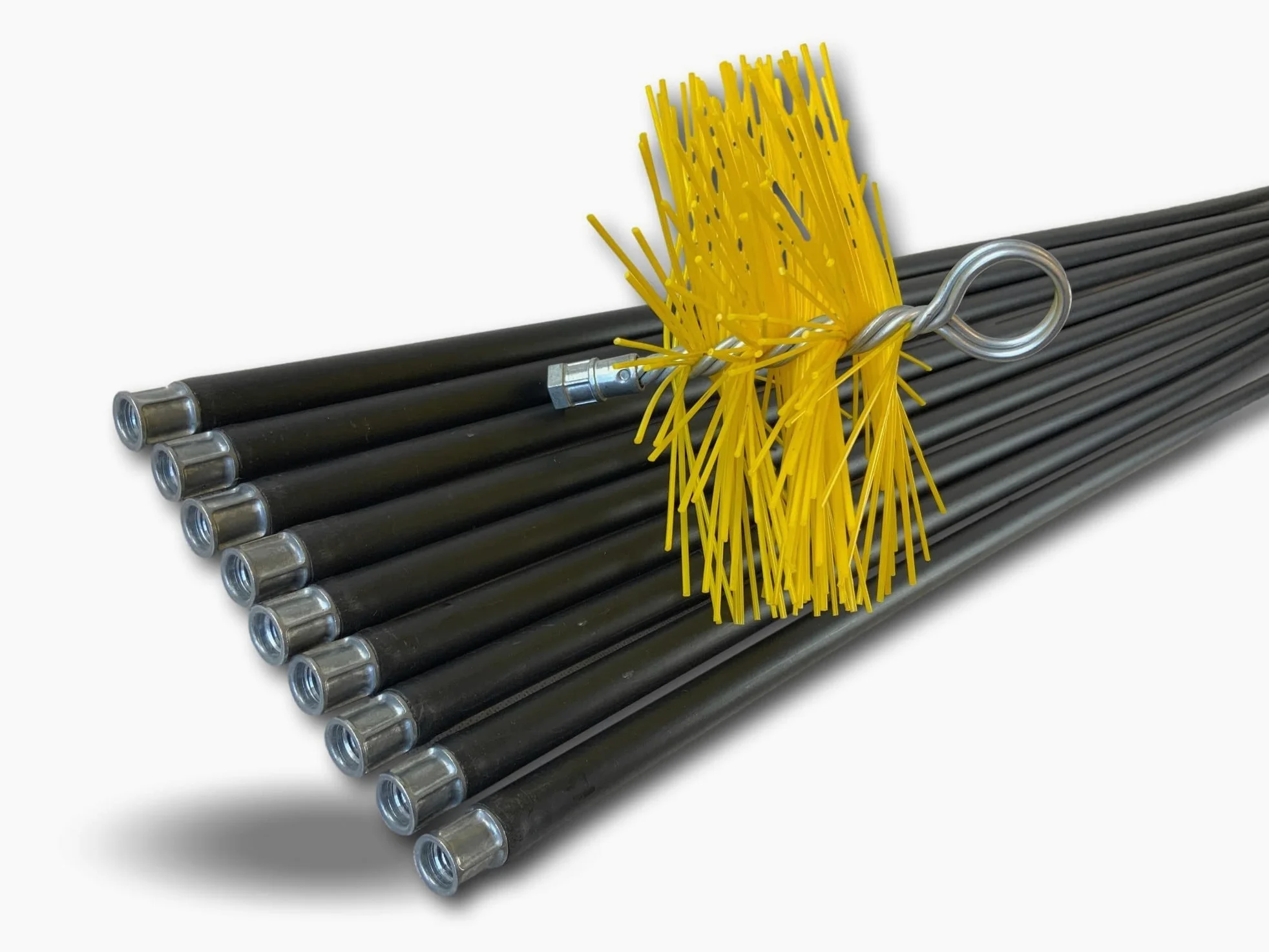 Kit clásico de limpieza para conductos revestidos | Cepillo redondo sintético | Diámetro 200 mm | 9 varillas negras Ø 17 mm huecas | 9 * 1,4 m | Chimeneas | Kibros 4KIT20NLO