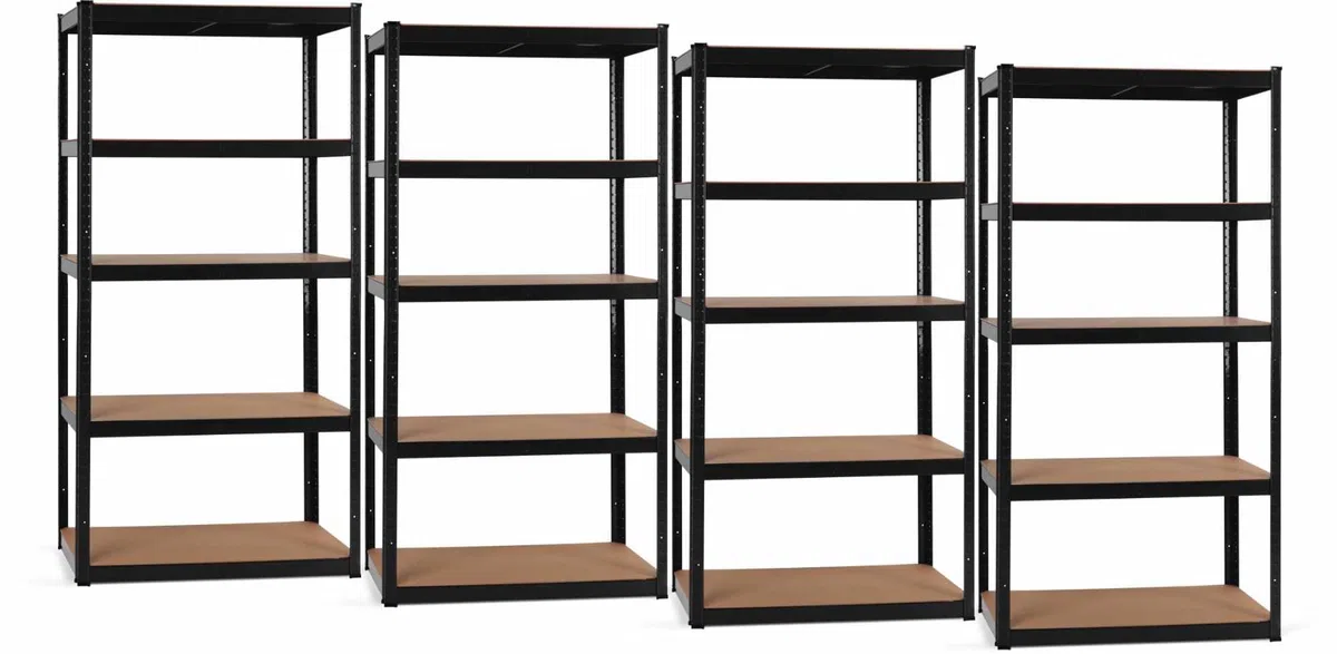 Stagecaptain Heavyrack HR-175 BK Juego de 4 estanterías metálicas - Estanteria Almacenaje de Cargas Pesadas de 875 kg MAX. - Estante Almacenamiento - 5 Baldas Multiusos - Negro