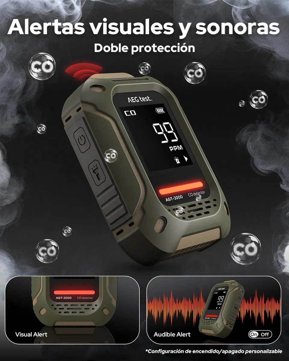 AGT-3000 Detector portátil de monóxido de Carbono, 240 h en Espera, Sensor CO Mejorado para Viajes, Detector CO Recargable con alertas sonoras y visuales, medidor CO para Camping, 0–1000 ppm