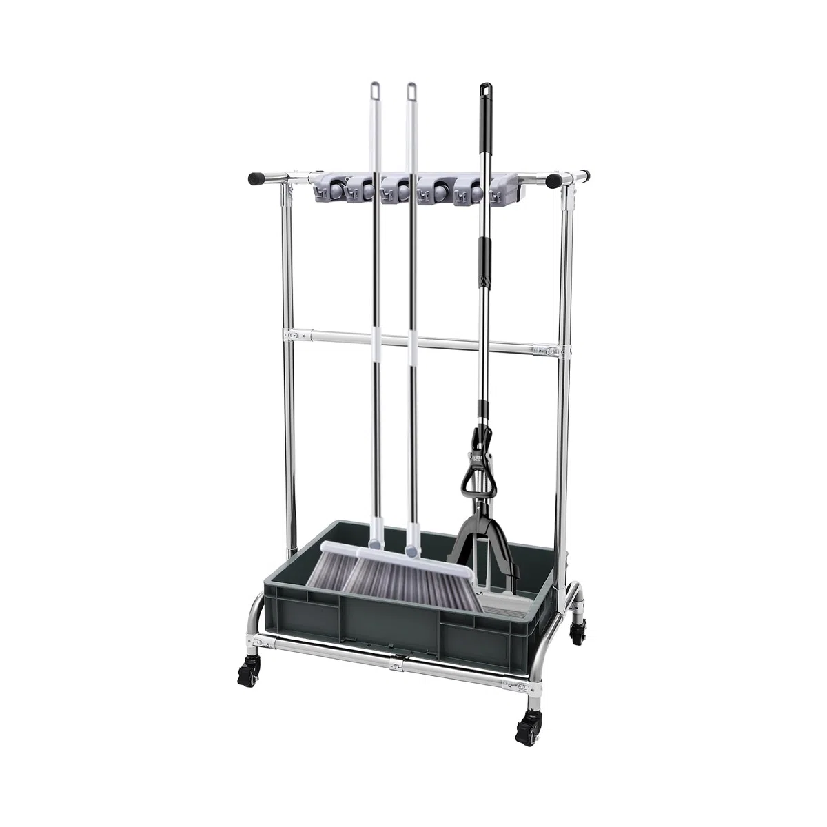 Soporte para escobas y aparatos, soporte para herramientas de jardín, soporte para fregona, con ruedas, 12 ganchos, 10 ranuras, acero inoxidable, 66 x 42 x 110 cm