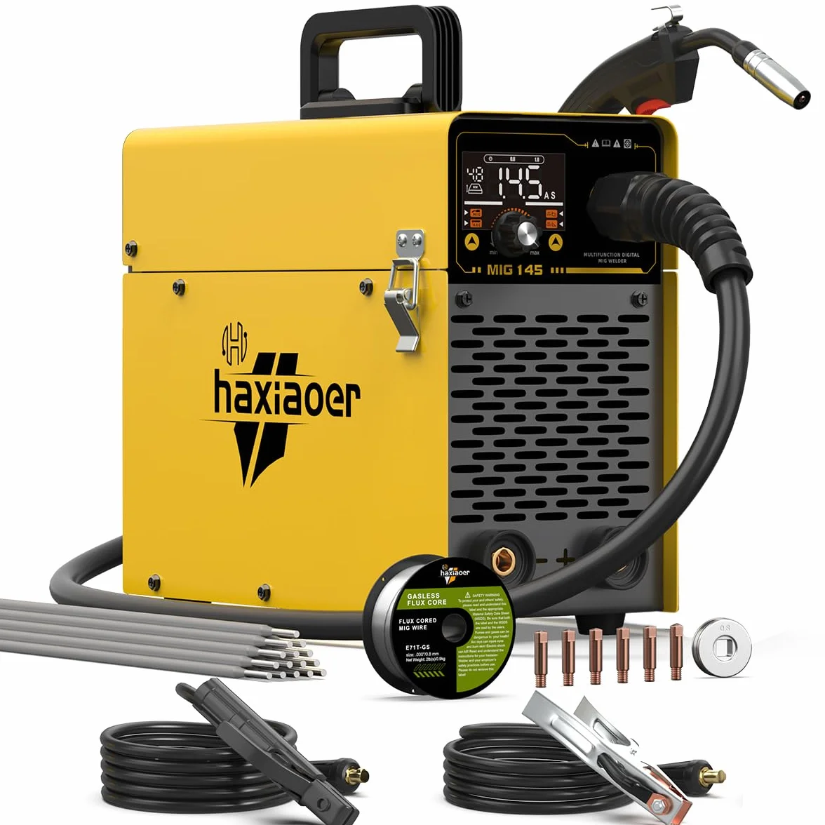 Haxiaoer 145A Soldador de Hilo Continuo Sin Gas 3 en 1 Máquina de Soldar MIG con ARC/Flux MIG/Lift TIG, Pantalla LED Digital Inteligente, Soldador Inversor Compacto