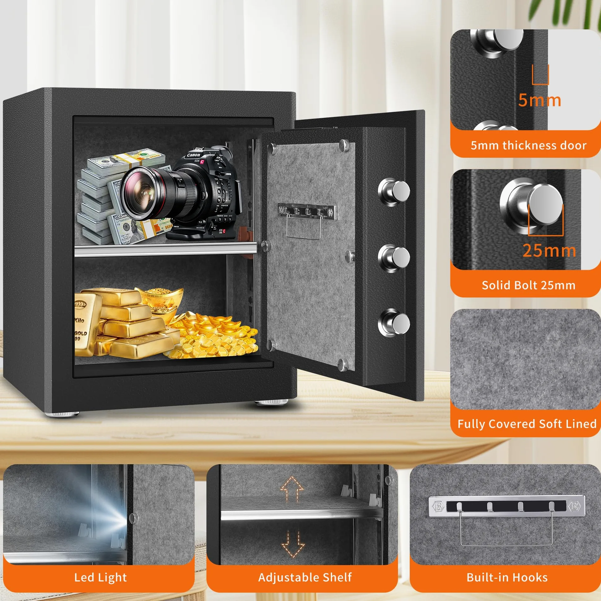 HSGCJS Caja fuerte biométrica para huellas dactilares, caja fuerte para el hogar con teclado digital completo, caja fuerte de seguridad para el hogar, la oficina y el hotel, 1.93 pies cúbicos
