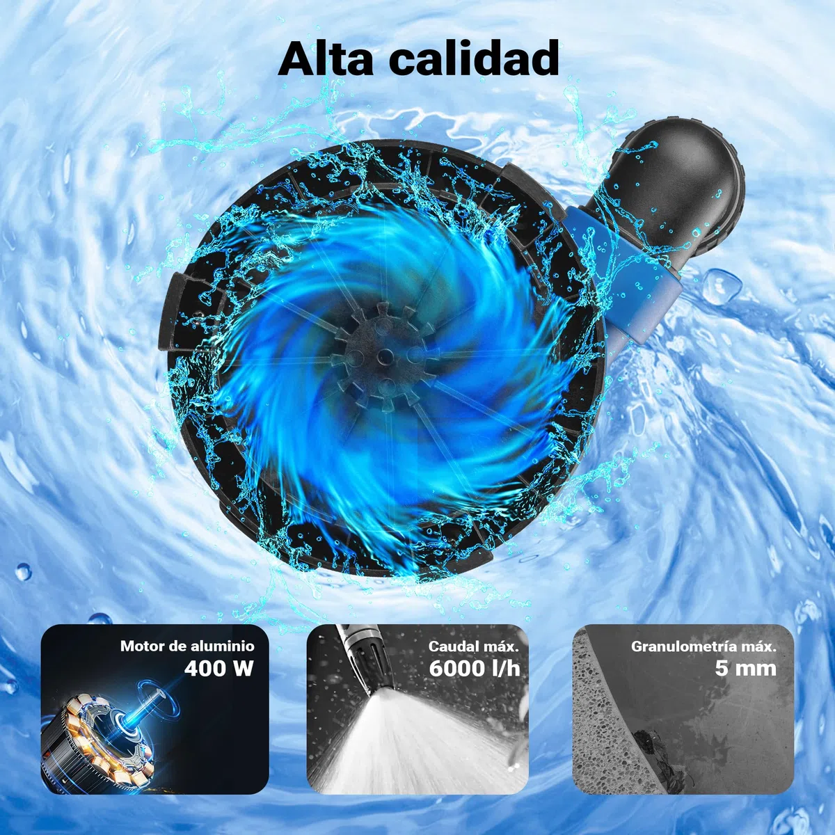 Wiltec Bomba de agua sumergible de aspiración plana 400 W aguas residuales hasta 1 mm caudal máx. 6000 l/h, altura máx. 7 m, profundidad máx. 7 m sensor de nivel de agua