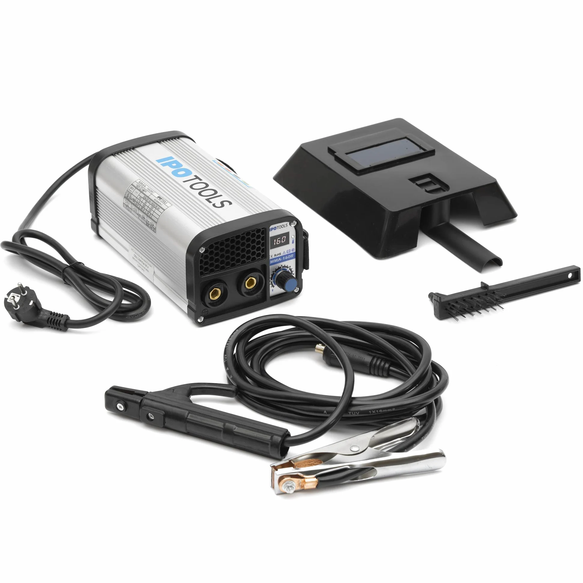 IPOTOOLS Dispositivo de soldadura MMA-160R con electrodos, inversor IGBT, dispositivo de soldadura MMA con 160 amperios, pantalla LCD digital, 230 V, antiadhesivo, arranque en caliente, Arc-Force