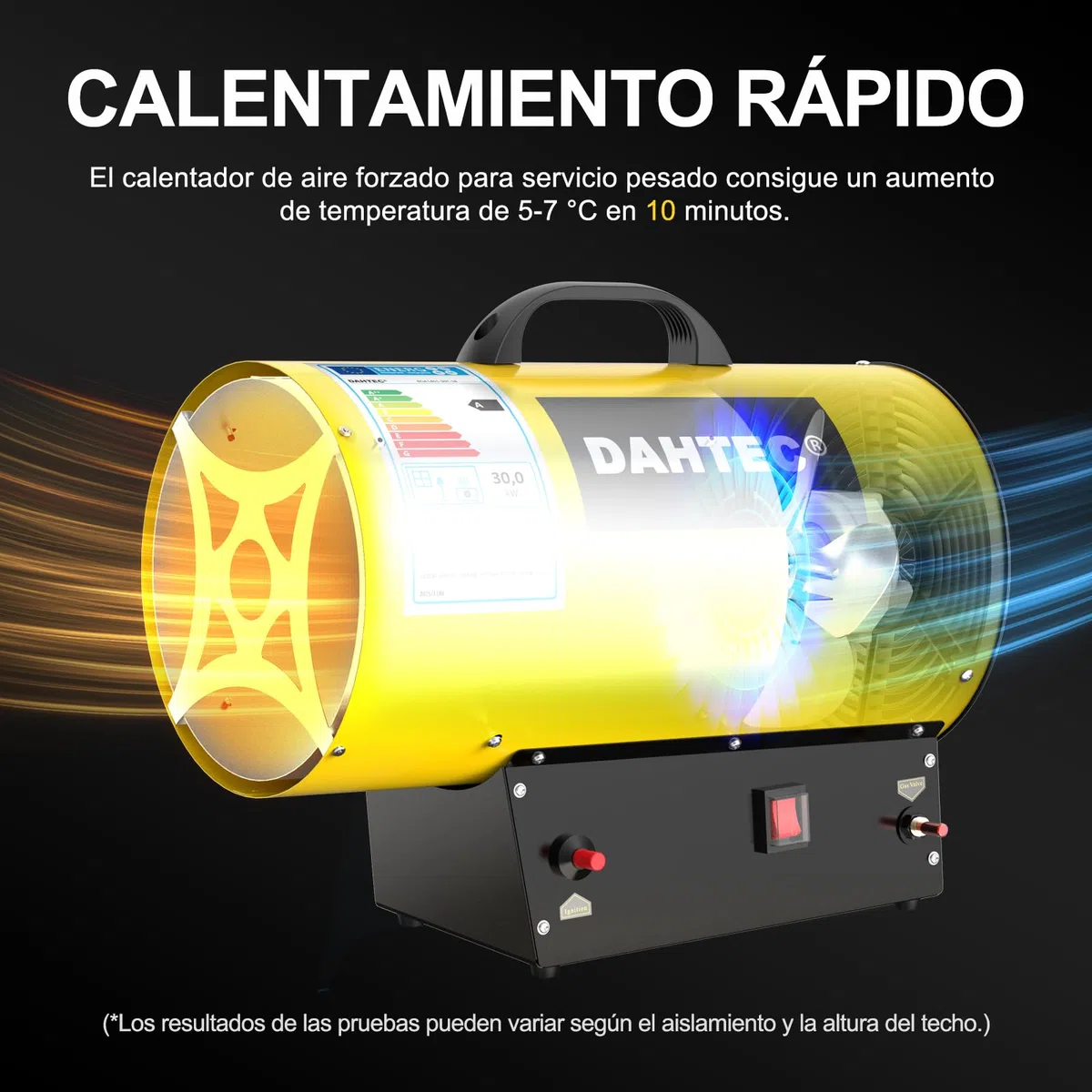 Calefactor de Gas Auxiliar 30 kW - Cañón de Calor - Radiador Soplante de Gas - Calefacción Radiante Con Ventilador - Soplador de Aire Caliente para Obras, Amarillo