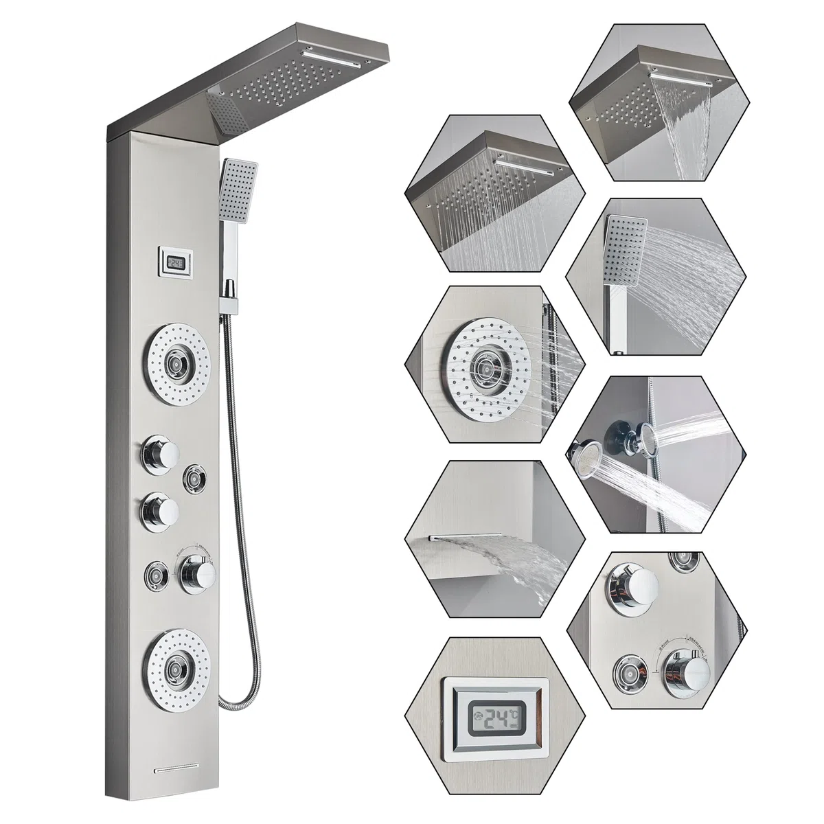 Columna de Ducha con Pantalla LCD, Sistema de Panel de Hidromasaje 3 en 1, Cabezal de Lluvia Grande, Masaje Corporal, Acero Inoxidable Cepillado