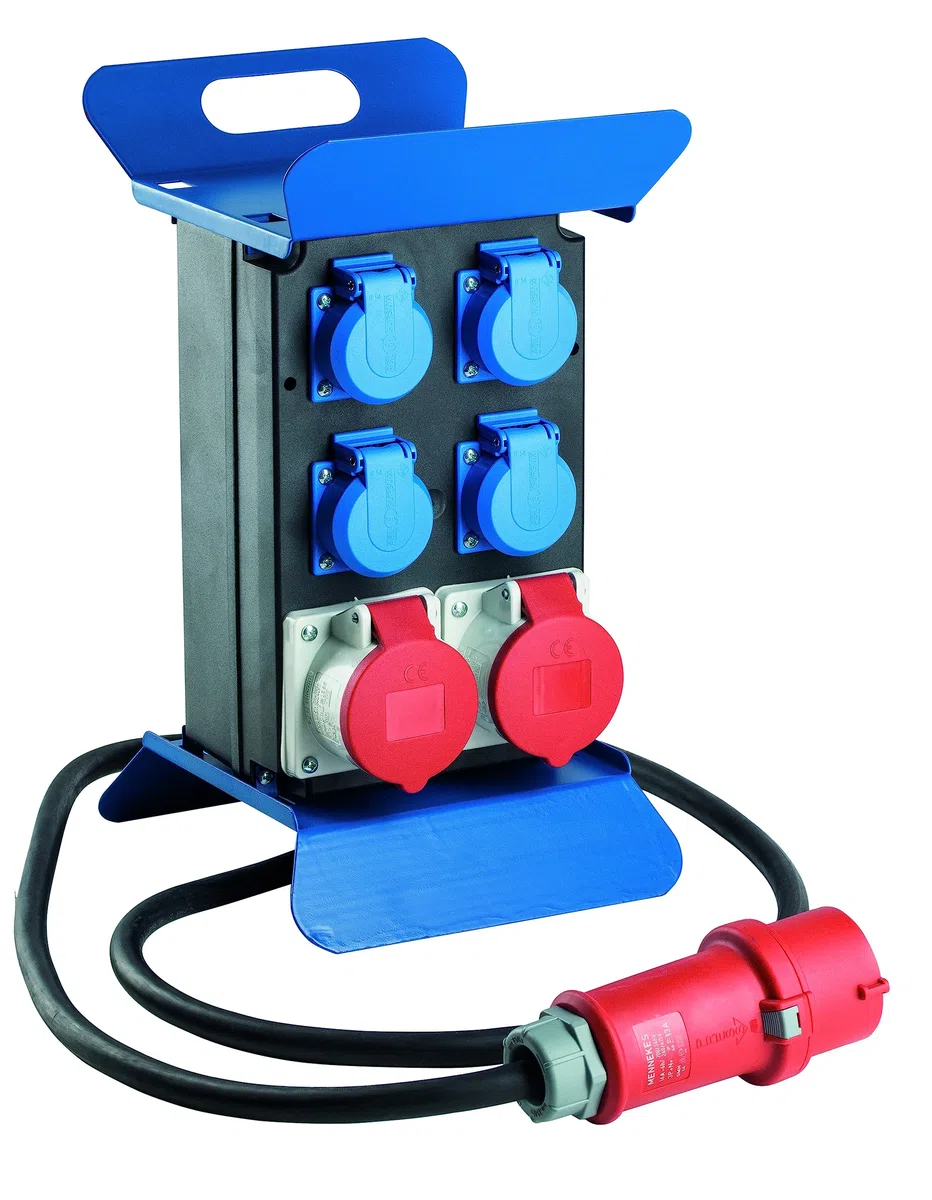 as - Schwabe STECKY 1 - Distribuidor de corriente portátil (conector CEE, 400 V/16 A, 5 pines, 4 enchufes Schuko y 2 enchufes CEE de 16 A, adaptador móvil, distribuidor para interior y exterior, IP44,