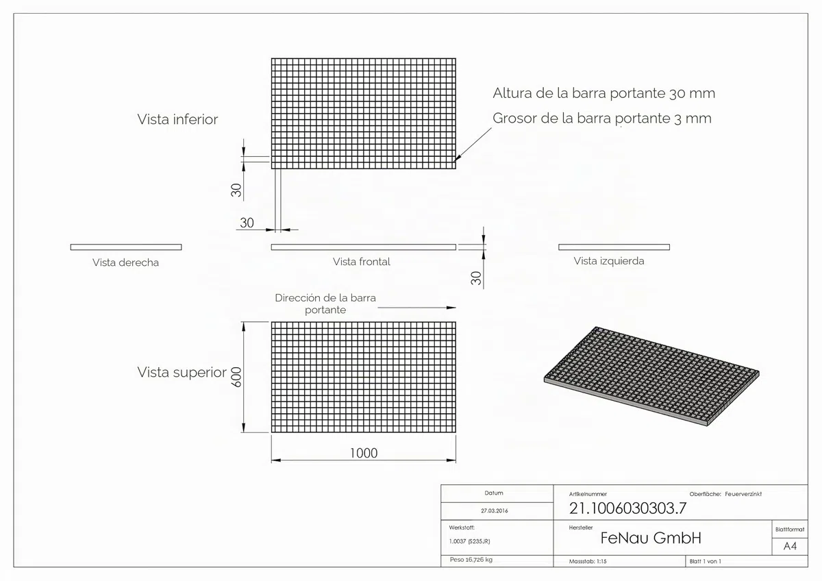 Fenau | Rejillas industriales Dimensiones: 1000 x 600 x 30 mm (MW: 30/30 mm) - Espesor del material: 3 mm - Carga sobre ruedas: 2,29 kN/Carga superficial (m²): 11,76 kN