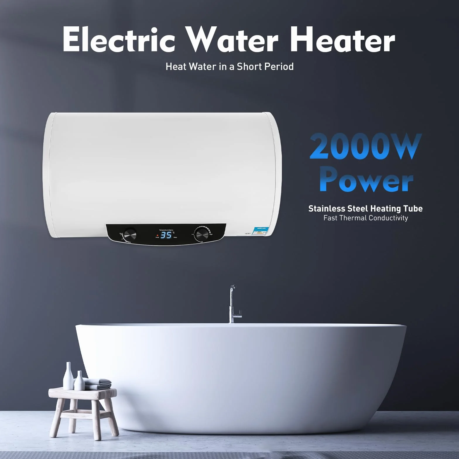 Depósito de agua eléctrico horizontal, 120 litros, 2 kW, caldera eléctrica, caldera, calentador de agua con ducha de mano