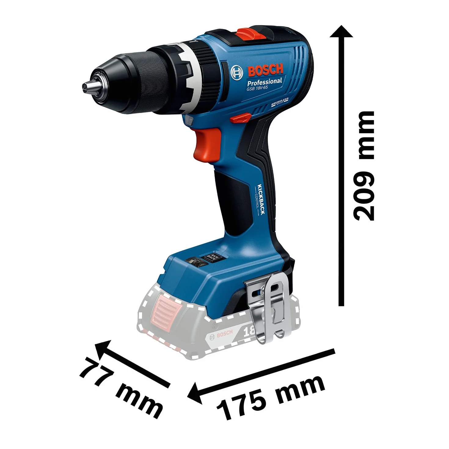 Bosch Professional 18V System atornillador a batería GSB 18V-65 (motor Brushless sin escobillas, longitud del cabezal 175, sin batería/cargador)