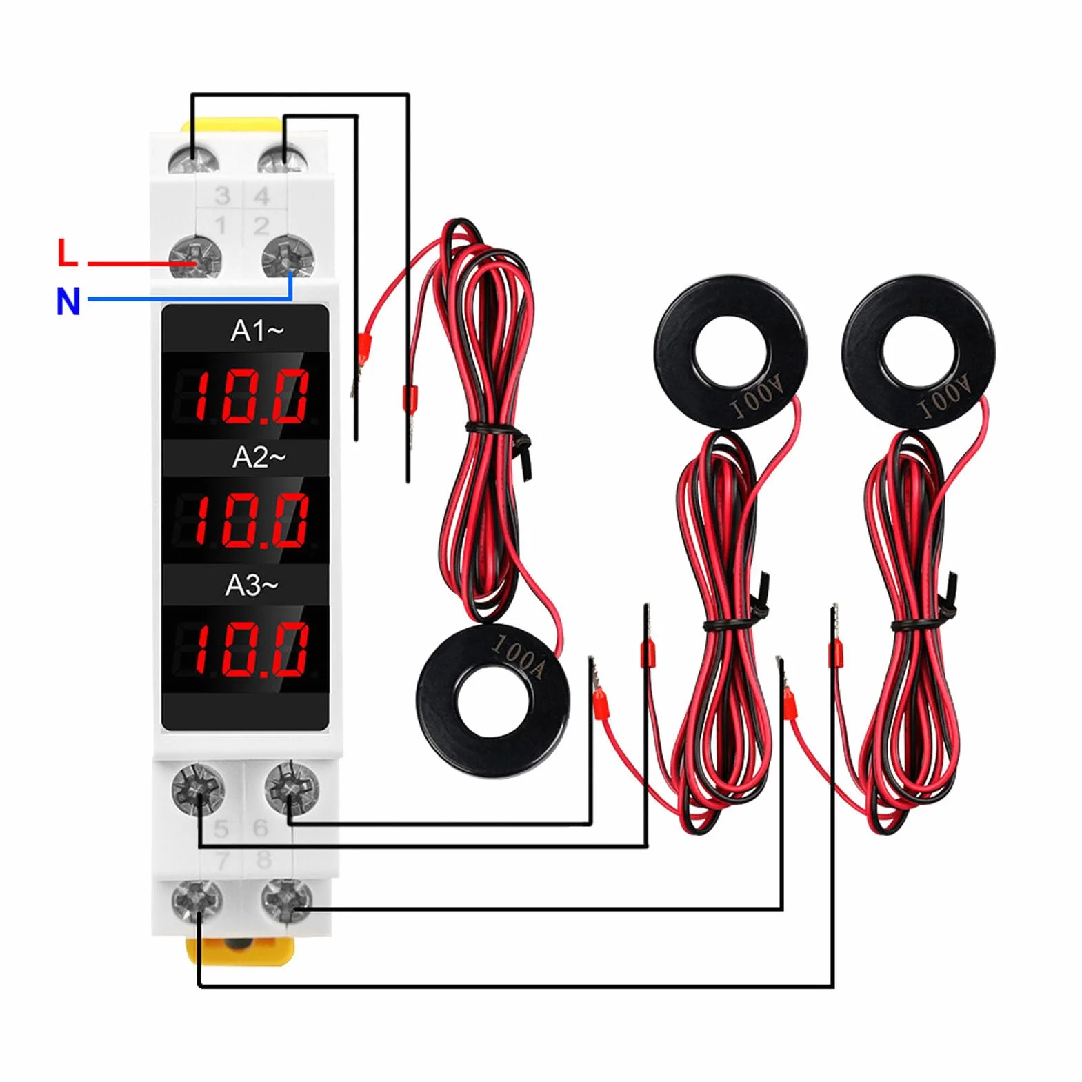 Amperímetro Digital Trifásico 80-500V 1-100A con 3 Sensores Pantalla LED Mini Indicador CA para Medición Precisa de Potencia