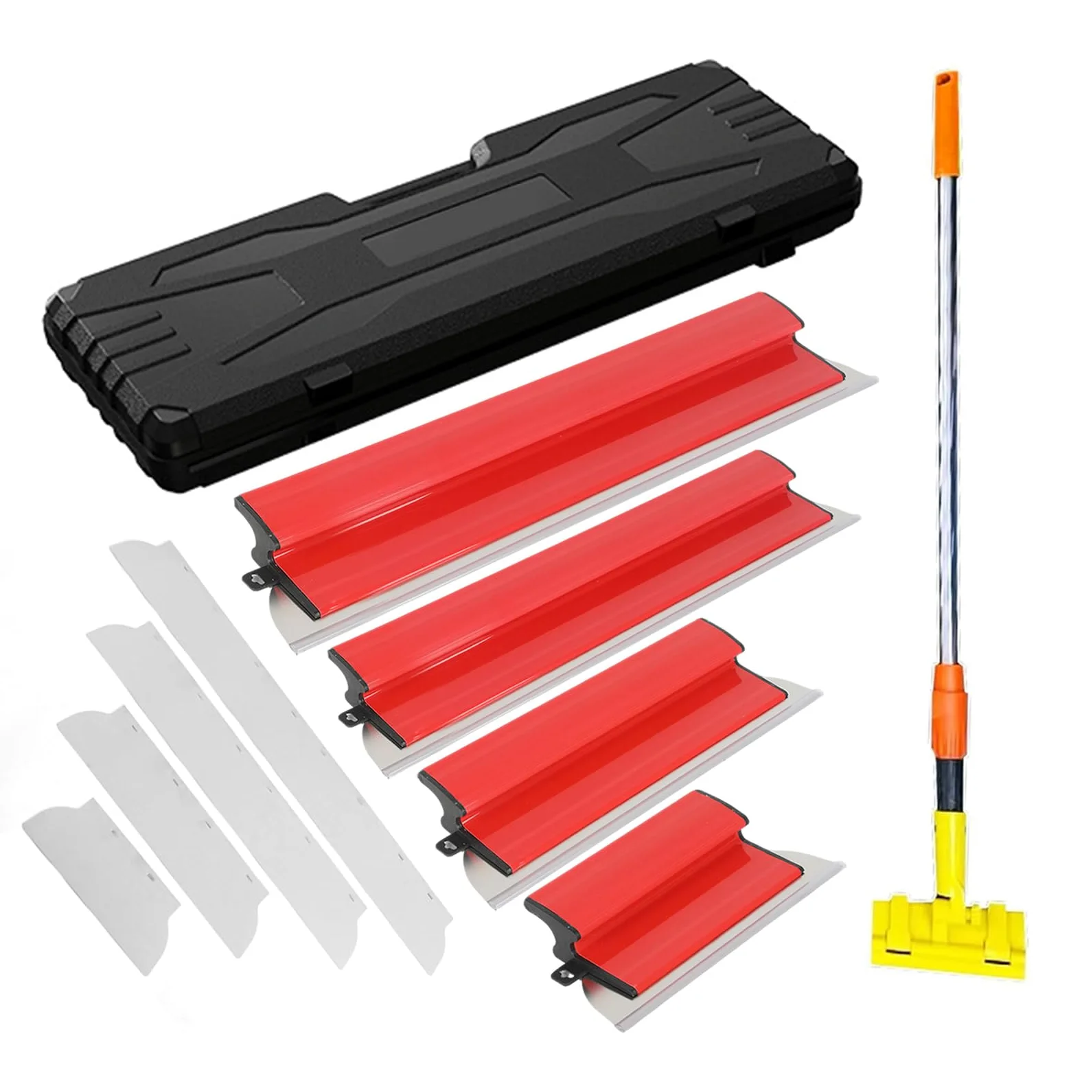 Juego de espátulas de superficie, 11 espátulas (4 herramientas y 4 hojas de acero inoxidable intercambiables, barra telescópica de 1,2 m y caja de transporte), mango ergonómico, para enyesar paredes y