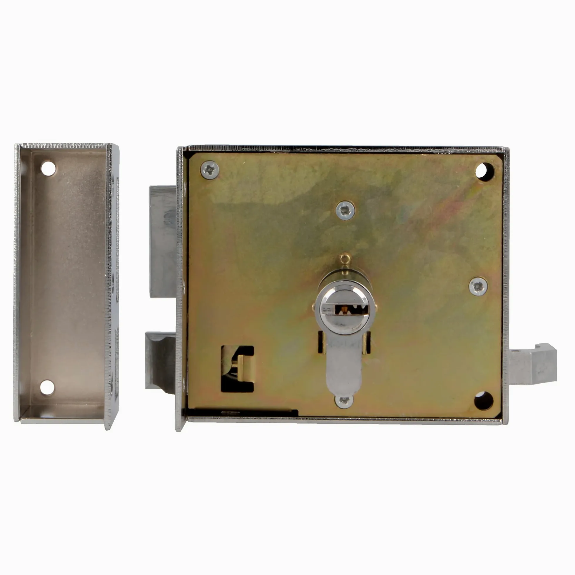 Amig - Cerradura de Sobreponer de Derecha con Palanca de Cierre, Lengüeta y Tirador para Puertas de Madera Mod. 73, 100 x 85 mm, Pestillo Con Cilindro Europerfil, Acero Plateado