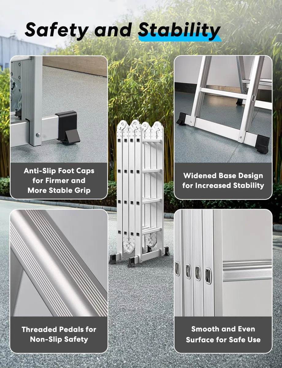 Miscoos Escalera Multifunción de Aluminio 6-en-1, Escalera Articulada Plegable 4x3 con 12 Peldaños, Antideslizante, Robusta, de Trabajo, 3.6 m, Capacidad de 150 kg