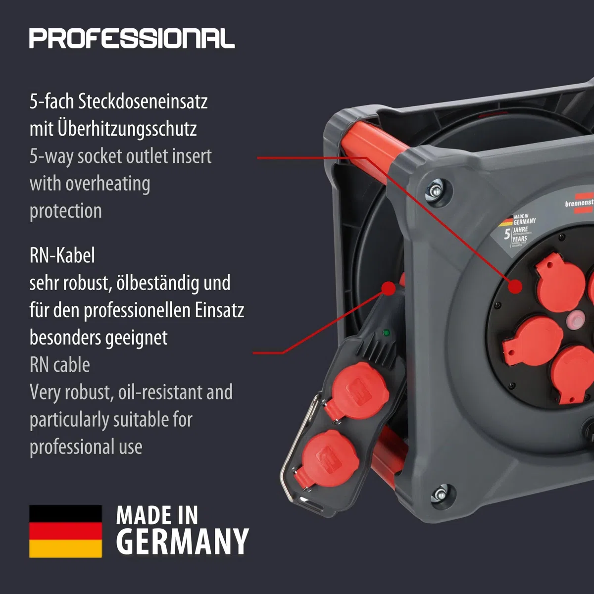 Brennenstuhl Carrete de Cable de construcción Profesional con Powerblock KC 3200 5 (33+5m, Cable H07RN-F 3G2,5 en Negro, 5 Tomas de Seguridad, Uso en Exterior Permanente, Fabricado en Alemania)
