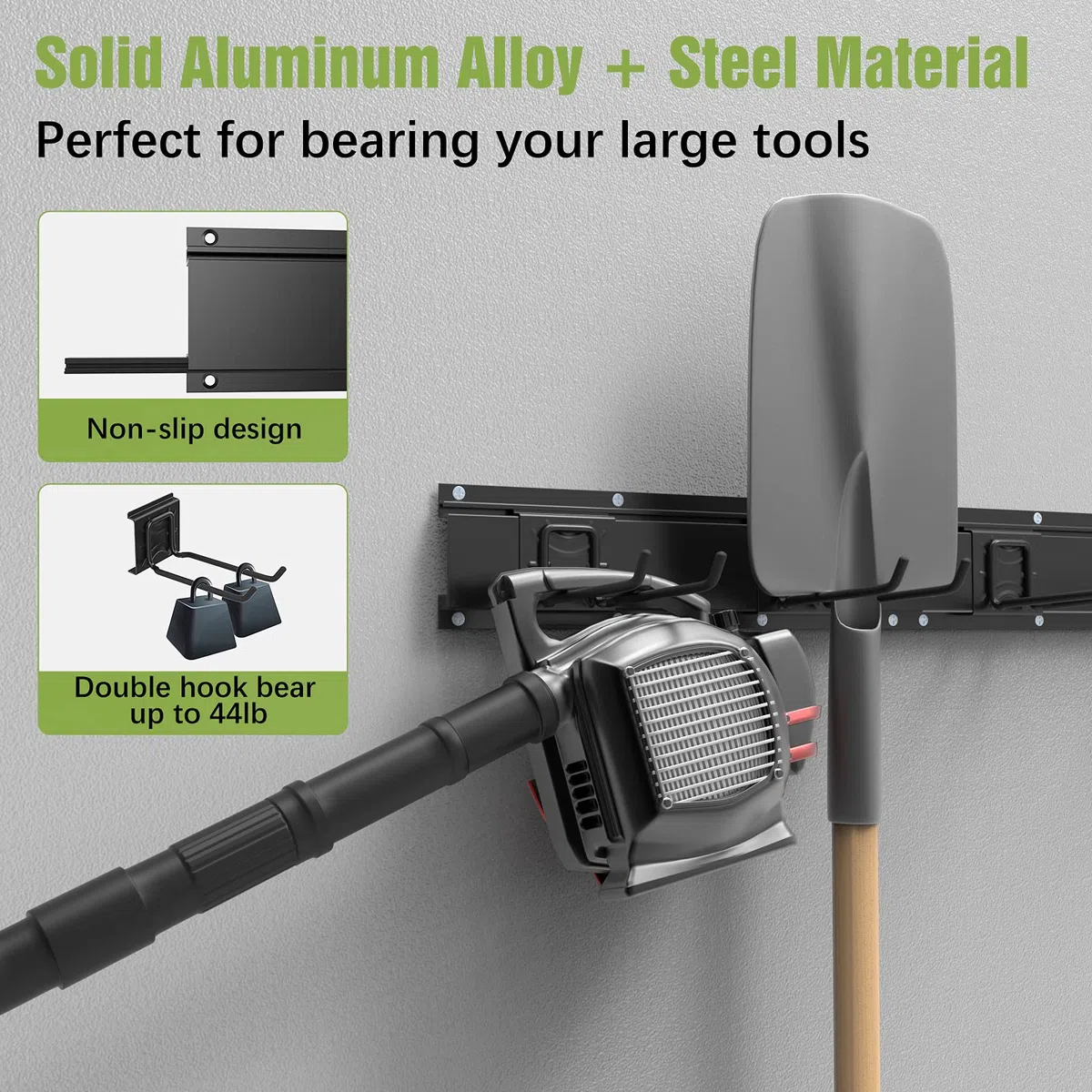Housolution Juego de Ganchos Deslizables de Pared 121 cm, Soporte Colgador de Aleación de Aluminio y Acero con 6 Ganchos y 3 Rieles, Organizador para Guardar Herramientas de Garaje Jardín