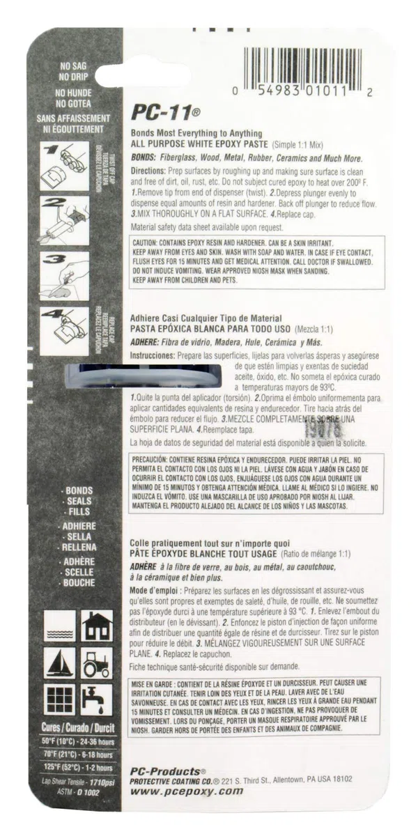 PC Products 10112 PC-11 Pasta adhesiva epoxi de dos partes de grado marino, jeringa aplicadora de 1 onza, color blanco