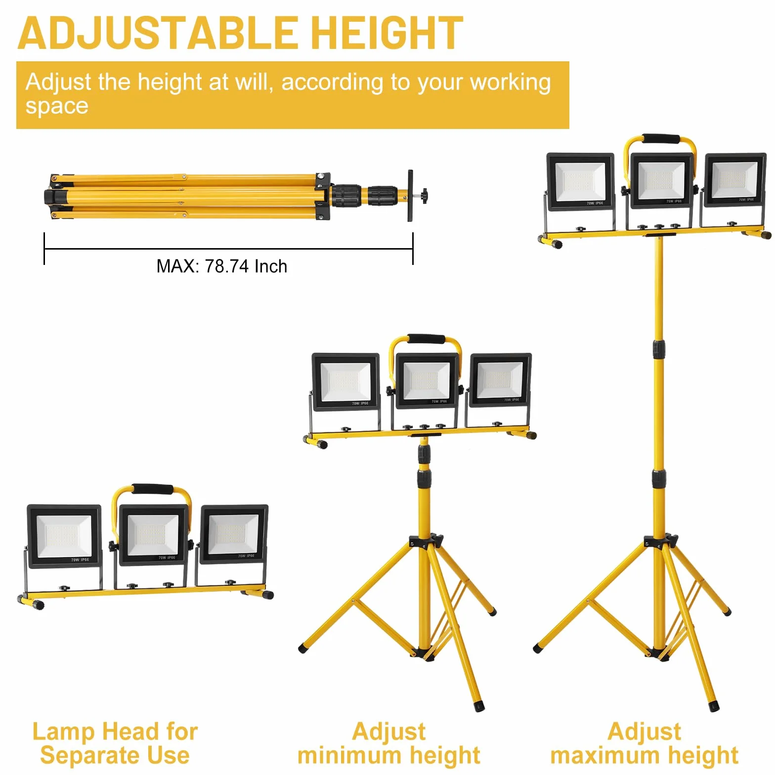 Yofuly Foco LED 3x 70W, Foco de Trabajo 21,000LM 6500K, Focos LED Portátil para Obras con Trípode Telescópico de Metal, Cable de 5M, IP66 Impermeable, Luz de Trabajo para Construcción