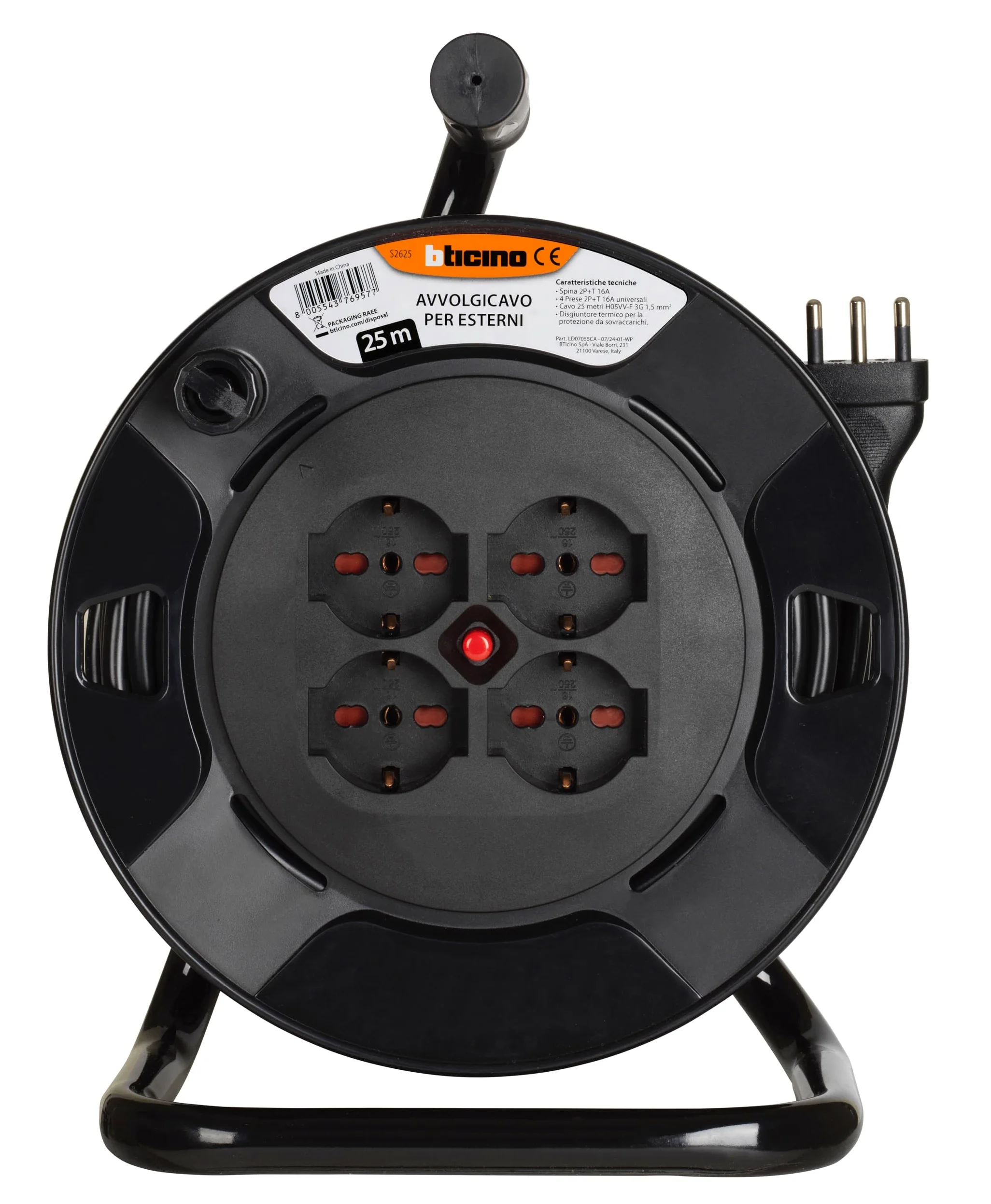 BTICINO Carrete de cable S2625 alargador eléctrico de 25 metros, 4 enchufes Schuko, bipolo, enchufe grande de 16 A, interruptor térmico, mango ergonómico, soporte de cable y carrete de cable, color