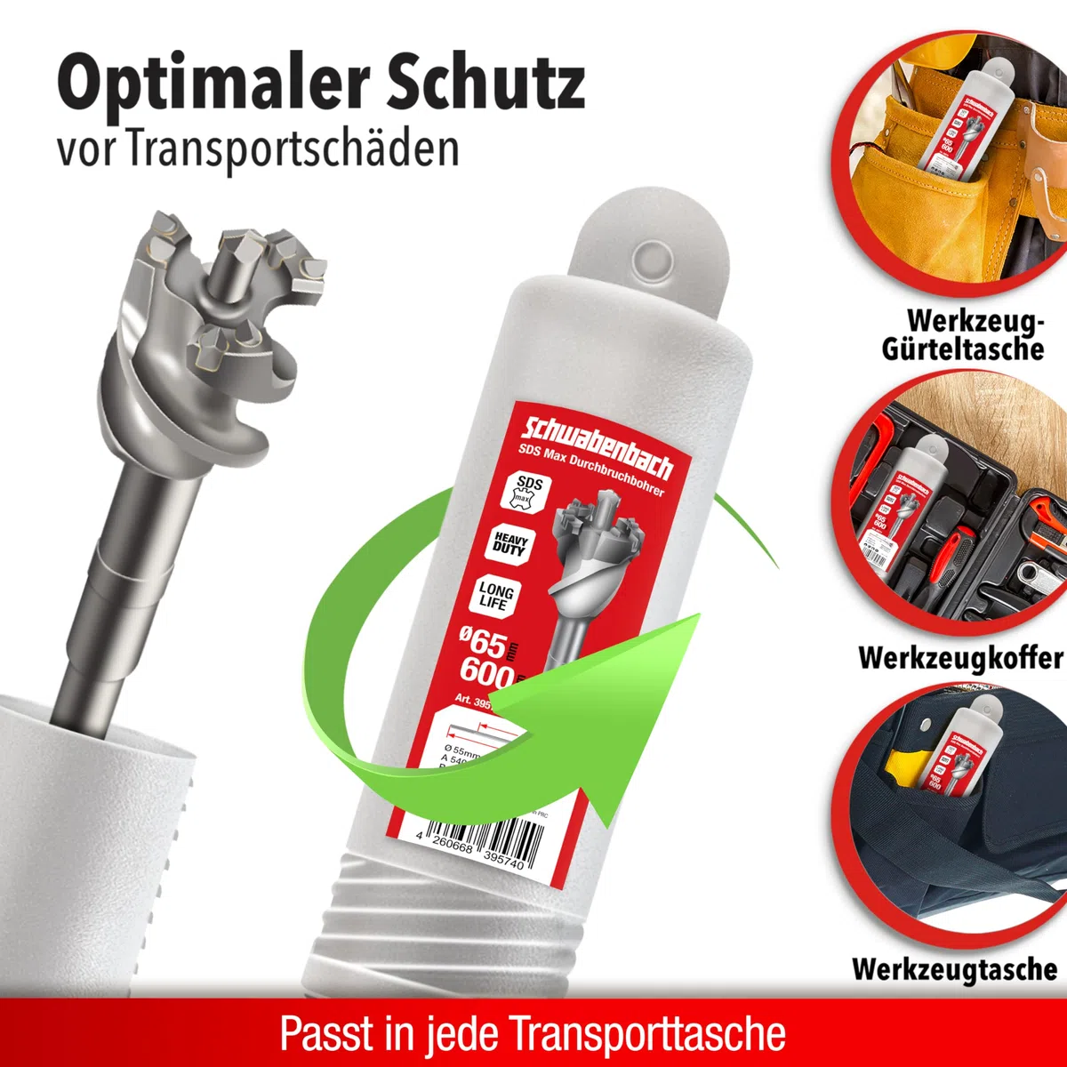 SCHWABENBACH® Broca Perforadora para Hormigón 65 mm x 600 mm - Perforación precisa y rápida en Hormigón, con punta de metal duro