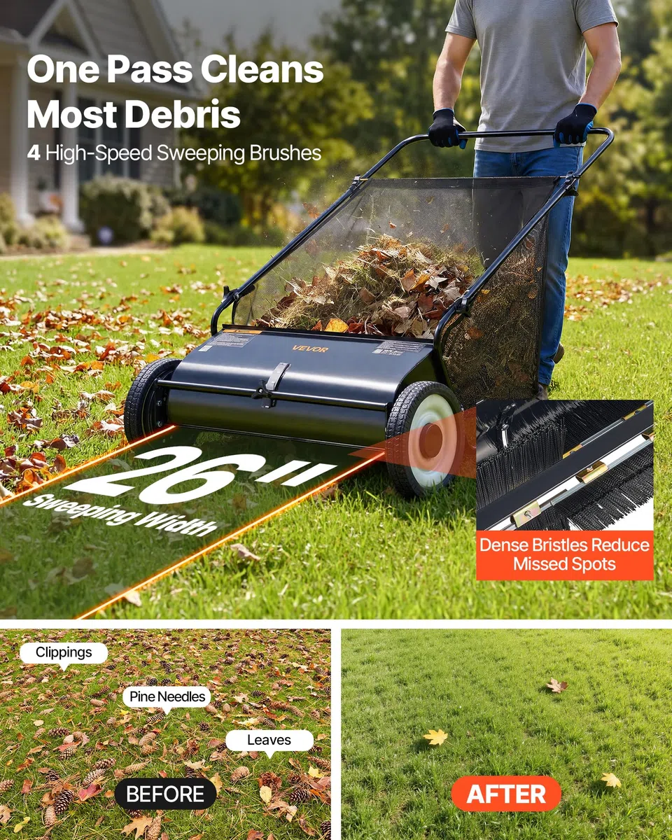 VEVOR Barredora de Césped 198L Cortacésped Manual con Bolsa recolectora Ancho de Barrido 66cm Cepillo Giratorio Altura Ajustable Ruedas 25,4 cm para Césped Hojas de Jardín Escombros Secos 142x81x75 cm