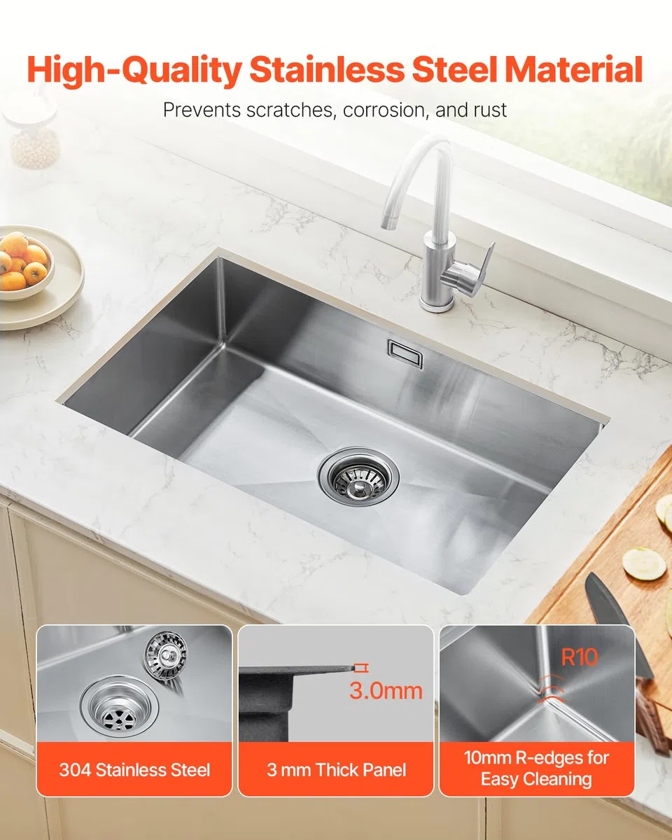VEVOR Fregadero de Cocina bajo Encimera Acero Inoxidable 304, Lavabo de Granja de Un Solo Tazón con Accesorios, Fregaderos de Lavavajillas Domésticos para RV, Cocina de Preparación, 760 x 430 x 190 mm