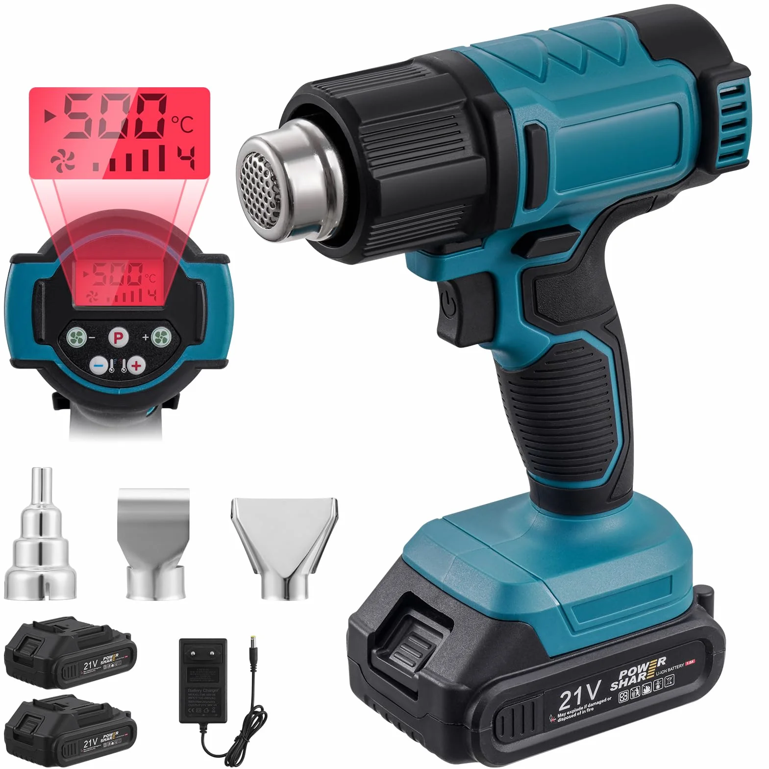 Kit de pistola de aire caliente con batería de 200 ℃ y 300 ℃ con 2 baterías de 21 V, pantalla digital LCD, 3 boquillas, soplador de aire caliente eléctrico, calentamiento rápido para decapar