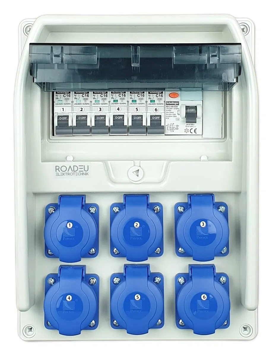 RoadEu - Distribuidor de Corriente Eléctrica. Caja cuadro electrico 6x 230V, con interruptor magnetotérmico diferencial de 25A y interruptor automático C16A. Ideal para Taller, Cobertizo y Fábricas