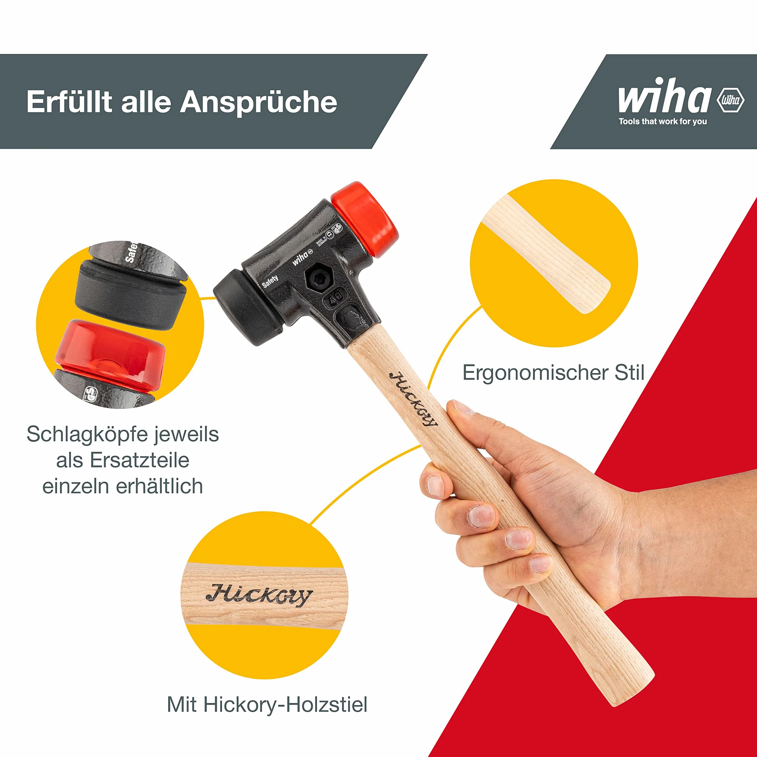 Wiha Martillo de cara blanda Safety de dureza media/duro con mango de madera Hickory, cabezal redondo 40, 325 mm (26612)