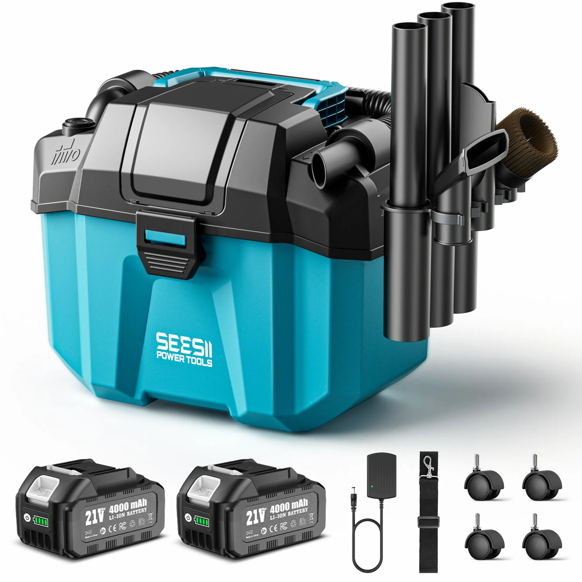 Seesii Aspiradora seco y Humedo sin Cable, 10L, 2 baterías de 4 Ah, Filtro HEPA, Correa, 4 Ruedas y Accesorios. Ideal para Garaje, Coche, Taller y casa (Azul)