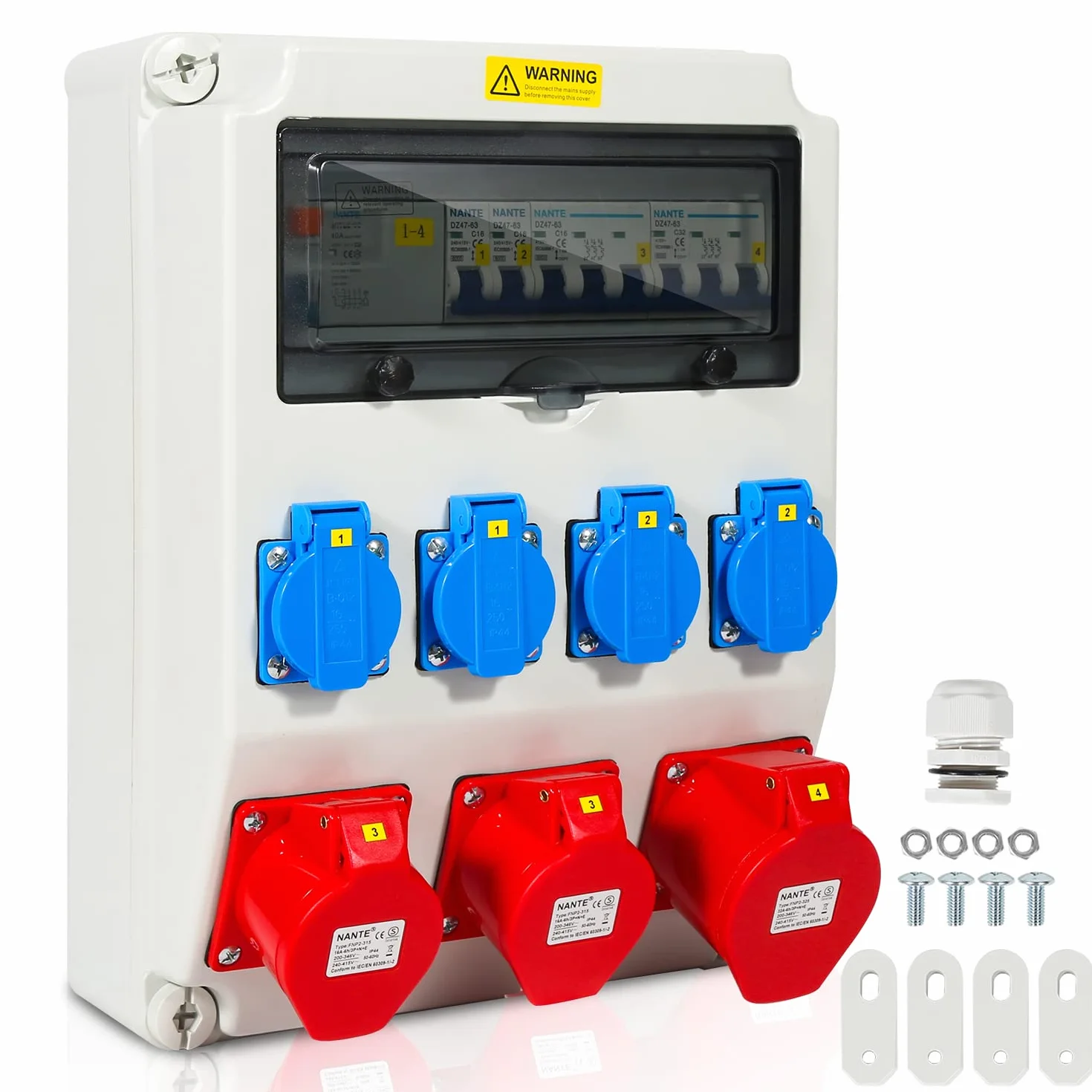 Distribuidor de pared Izrielar con RCD y disyuntor, 4x tomas Schuko y tomas CEE 16/32A, distribuidor de corriente de obra de 5 polos, distribución de corriente para obra interior exterior