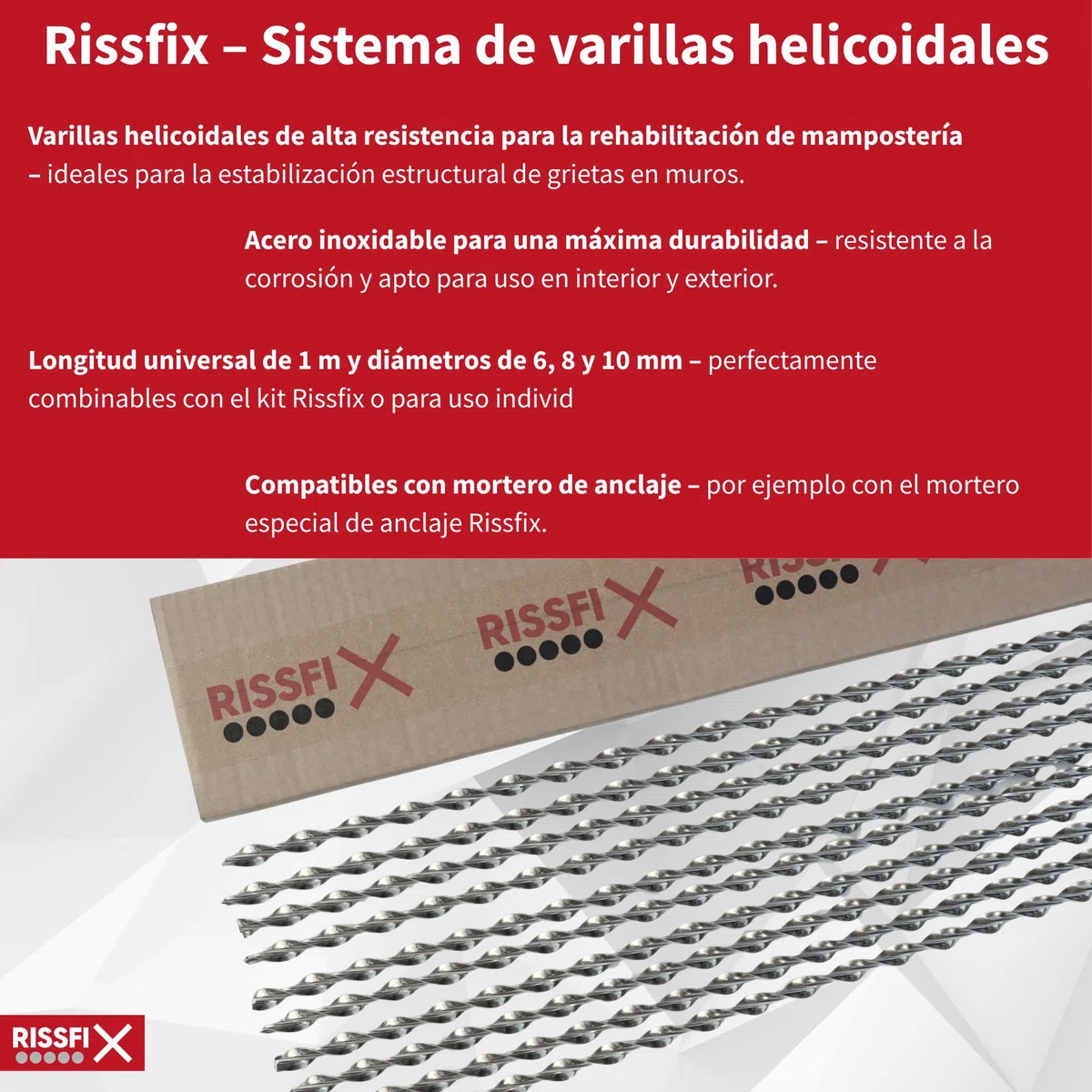 Varillas helicoidales de acero inoxidable – 10 unidades de 1 m – para la reparación de grietas en mampostería (⌀ 8 mm)
