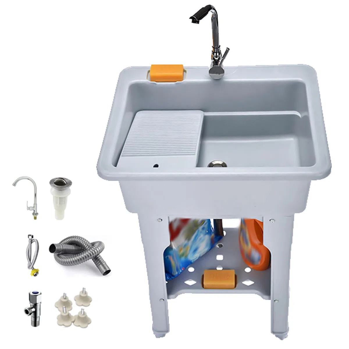 Pila Lavadero de Plástico con Tabla de Lavar, Fregadero Exterior Jardin con Grifo, Válvulas y Desagüe, Fregaderode Lavandería, Soporte de Carga de 200 Kg, para Cuarto de Lavado(Gray,65 * 56 * 80cm)