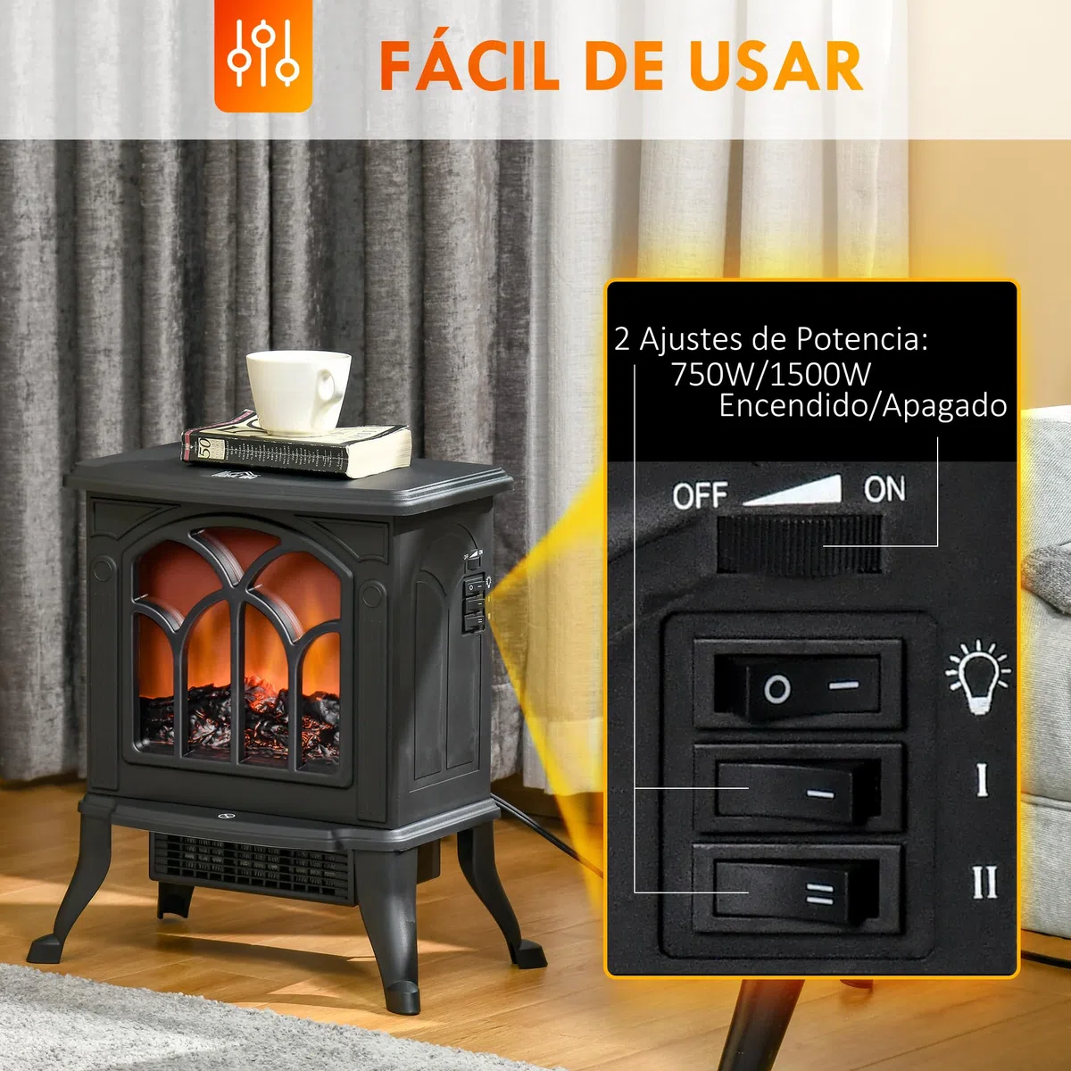 HOMCOM Chimenea Eléctrica de Pie 750/1500 W, Chimenea Decorativa con 2 Niveles de Potencia, Efecto Llama, Protección Sobrecalentamiento, Área de Cobertura 15-20 m², Negro