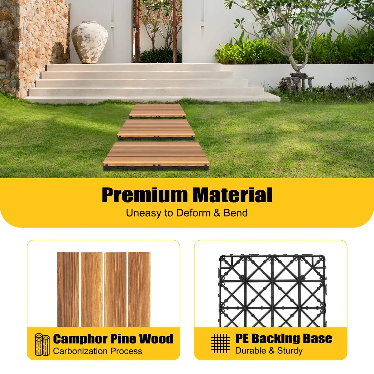 Decking de WPC de 30 x 30 cm, juego de 36 azulejos de clic en imitación de madera, suelo resistente a la intemperie para balcón y terraza, azulejos con función de drenaje, color marrón