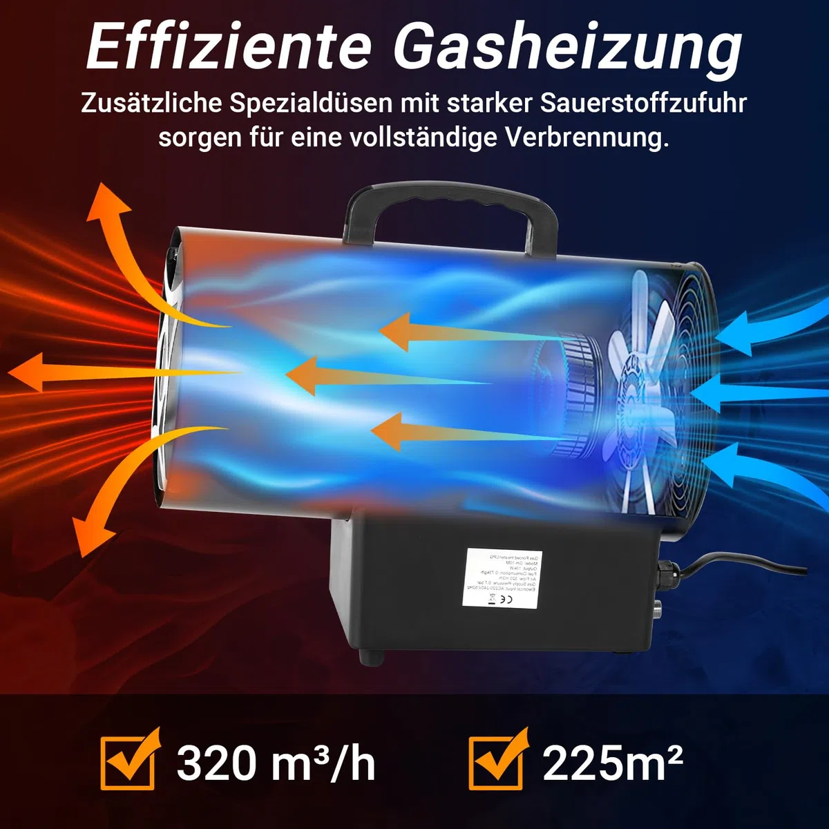 Pistola de gas, 15 kW, incluye manguera de conexión y regulador de presión de gas de 700 mbar, superficie efectiva: 225 m², para obras de construcción, áreas de almacenamiento ventiladas