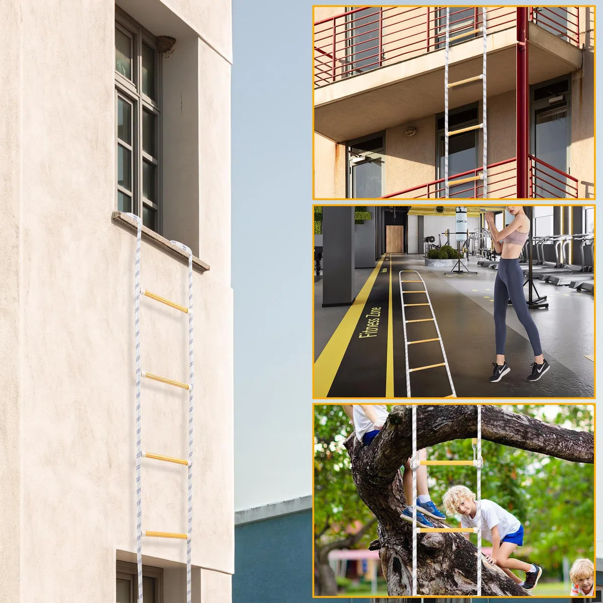 Escalera de Cuerda de Seguridad ignífuga con 2 mosquetones, Escalera de Seguridad ignífuga, Escalera de Rescate para balcón, escaleras de Incendios Reutilizables, compacta y portátil, 2 m