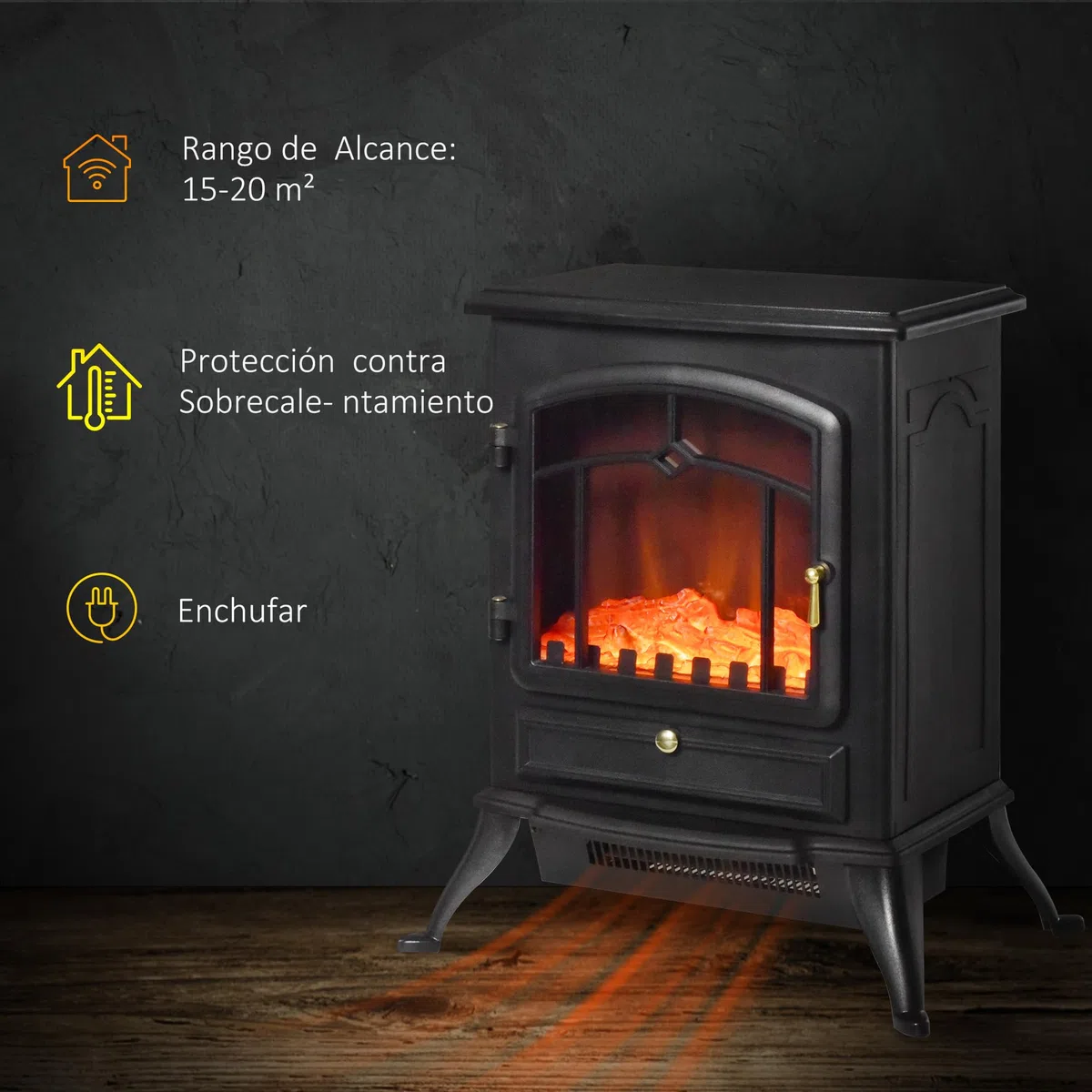 HOMCOM Chimenea Eléctrica Portátil 1000/2000W Chimenea Decorativa de Pie con Efecto de Llama Termostato y Protección contra Sobrecalentamiento para Sala 15-20 m² 45x28x54 cm Negro