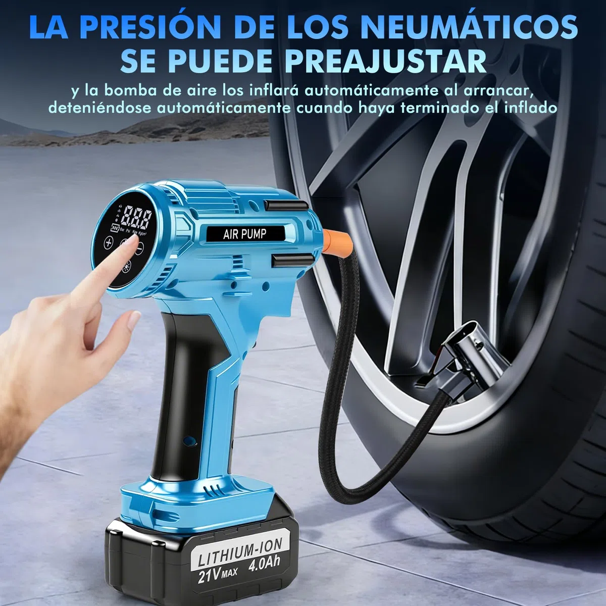 Compresor Aire Portatil Coche Bicicleta, 150PSI Inflador Ruedas Coche Bateria Recargable 4000mAh 21V, Inflador Neumáticos Electrico Bomba Inalámbrica Con LED Para Coche, Moto, Bicicleta, Pelota