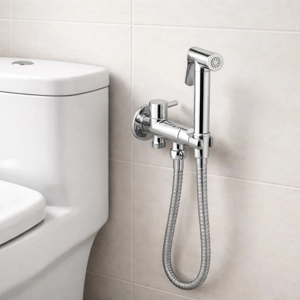 Grifo bidé visto Safe Stop 1 agua – Kit con teleducha, soporte y flexo 120 cm, conexión a la toma de la cisterna, doble salida (cisterna + bidé), cuerpo de latón cromado