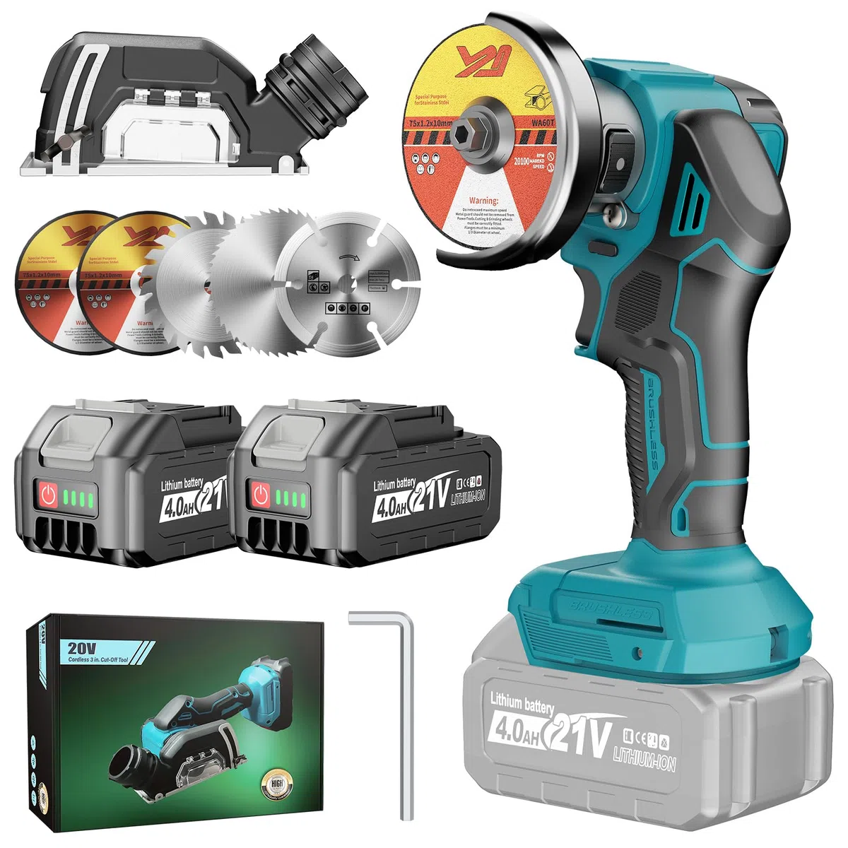 Yofuly Mini Amoladora Angular Batería Compatible con Baterías Makita de 18V, 76MM 19500RPM Radial Pequeña Eléctrica con 5 Discos de Corte y Cubierta Antipolvo, 2 Baterías de 4.0Ah
