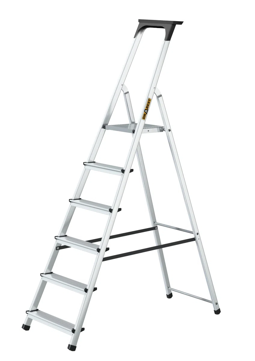 Drabest – Escalera doméstica – Escalera de Mano – 6 peldaños – Altura de Trabajo 3,19 m – Escalera de Mano Plegable de Aluminio, Carga máx. 125kg – con Plataforma de 25 x 26cm, Patas Antideslizantes