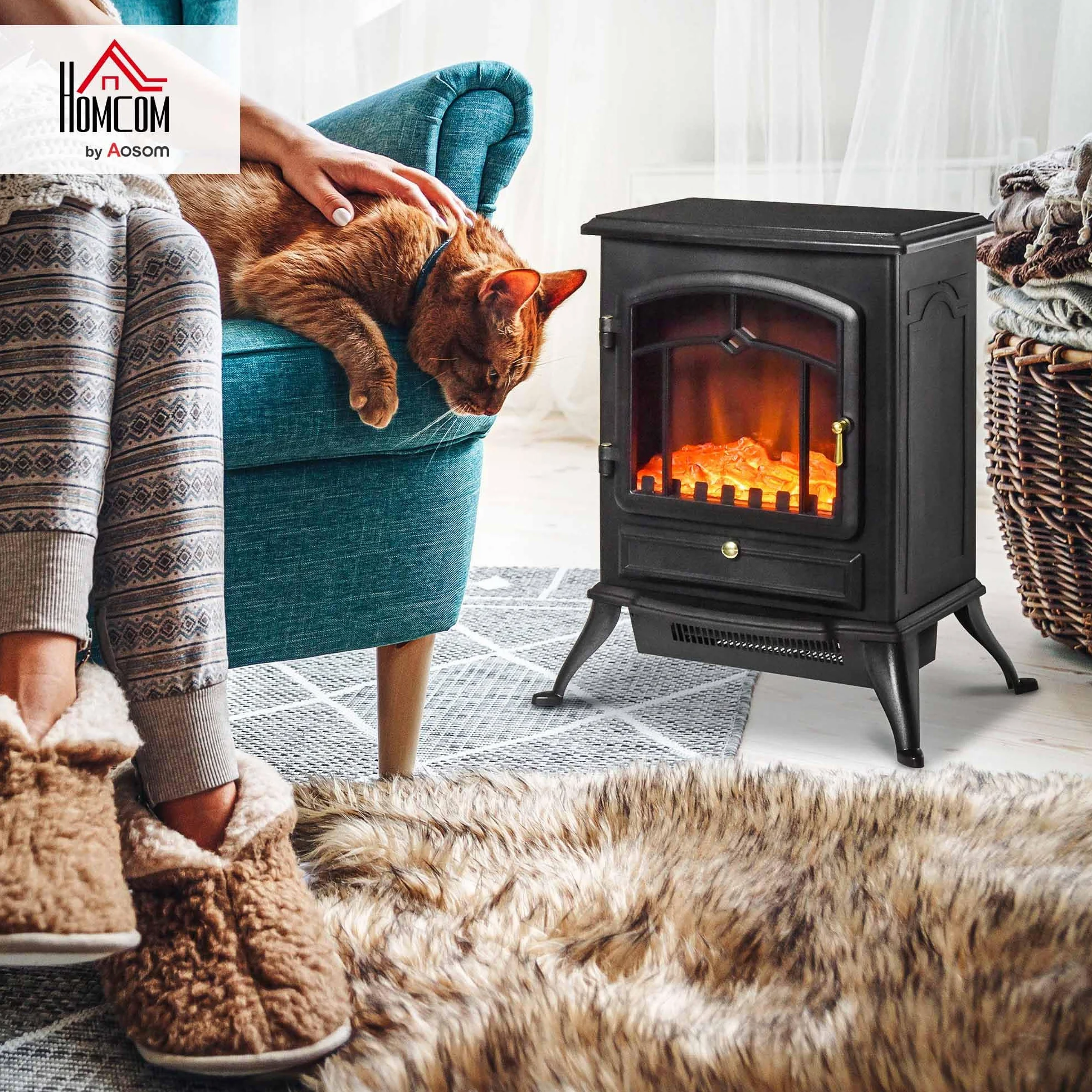 HOMCOM Chimenea Eléctrica Portátil 1000/2000W Chimenea Decorativa de Pie con Efecto de Llama Termostato y Protección contra Sobrecalentamiento para Sala 15-20 m² 45x28x54 cm Negro