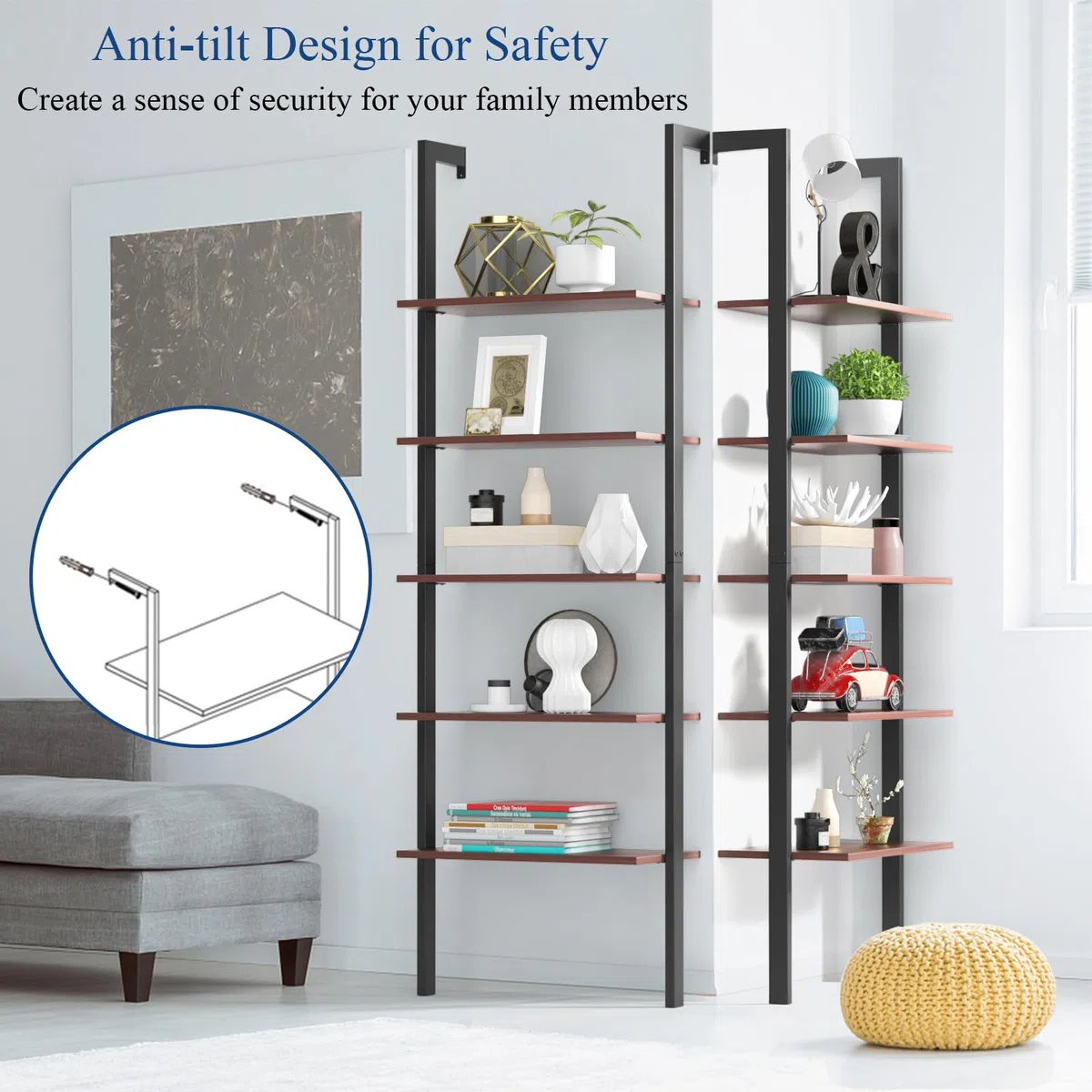 HOMASIS Estantería Escalera con 5 Niveles, librería de Pared con Estructura de Metal, estantes de Almacenamiento, Moderna estantería de pie, para Oficina en casa, salón, 60 x 30 x 180 cm (Marrón)