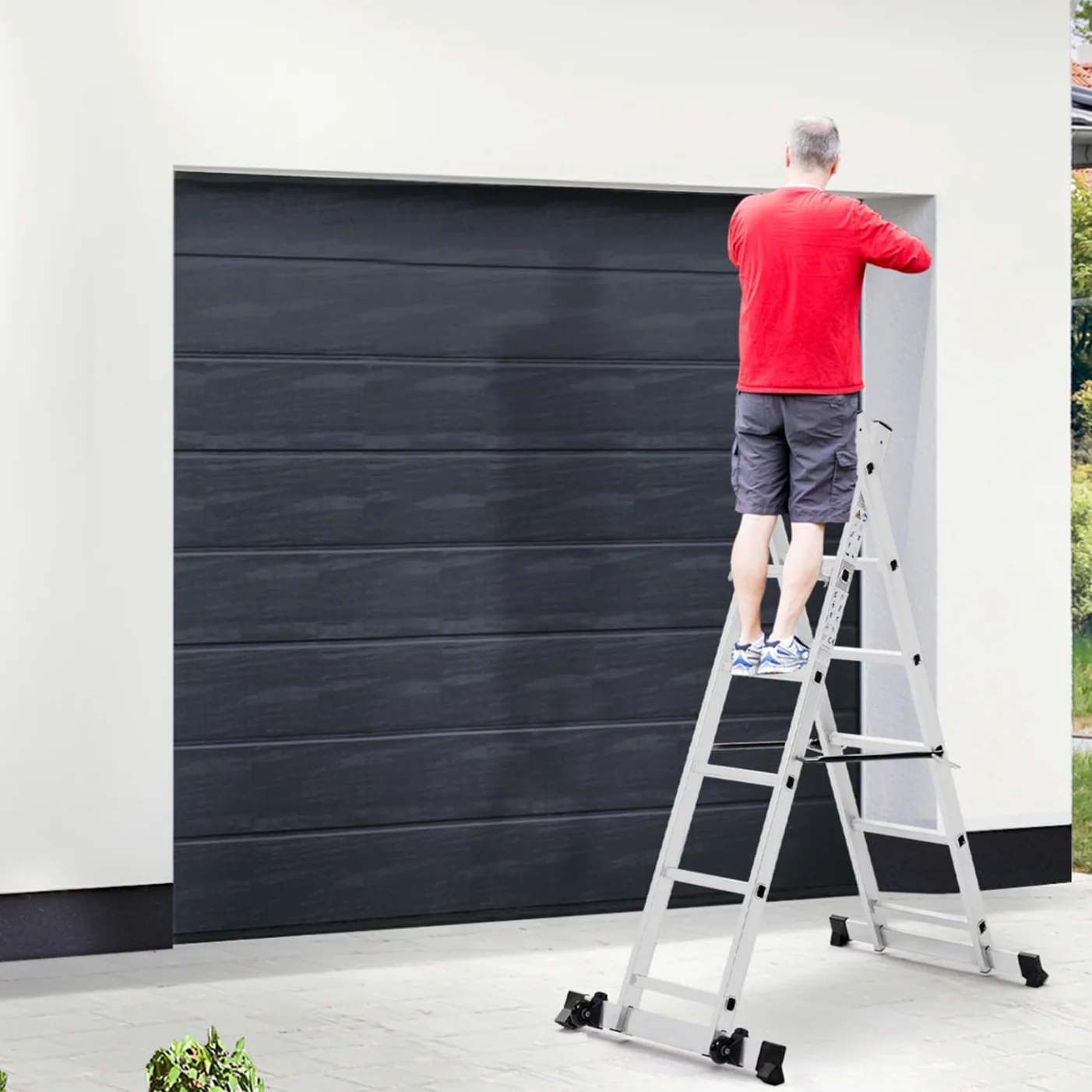 IDMarket - Andamio de aluminio con escalera multifuncional y plataforma modular sobre ruedas, altura 165 cm