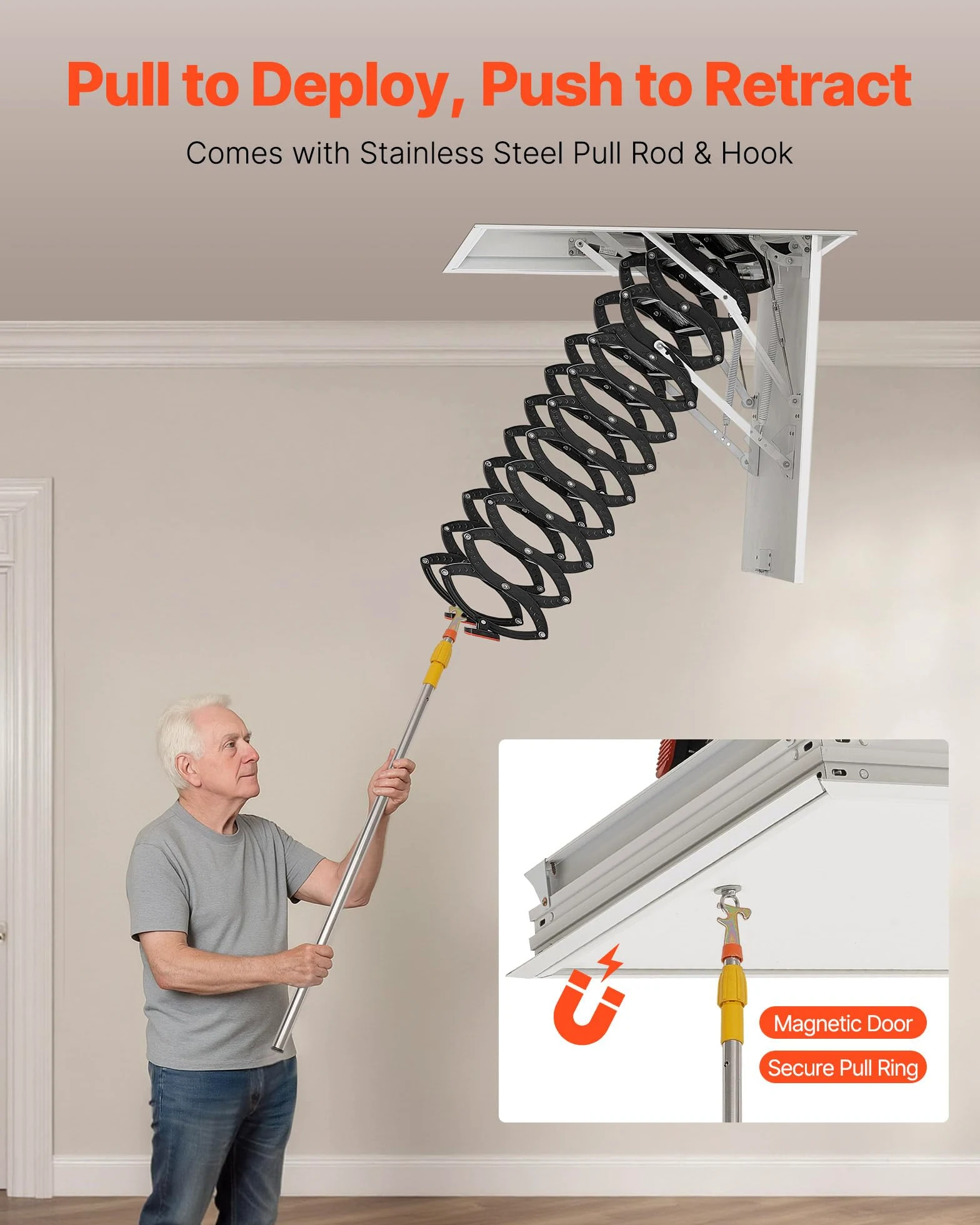 VEVOR Escalera de Ático, Carga 299,4 kg, Apta para Techos 2,9 a 3 m de Altura y Abertura 100 x 70 cm, Acero de Aleación, Retráctil y Abatible con Barra de Tracción para Techos de Áticos y Lofts