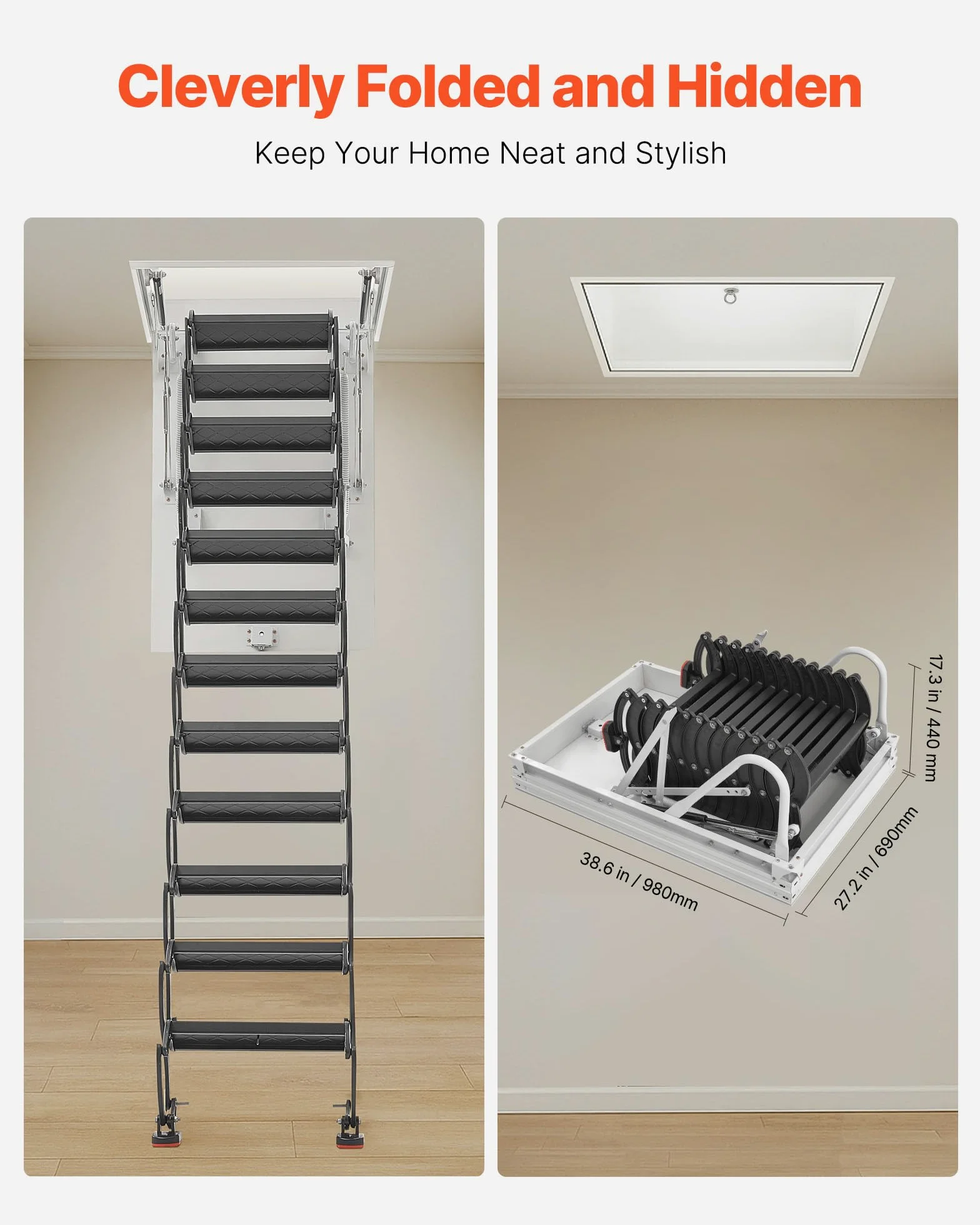 VEVOR Escalera de Ático, Carga 299,4 kg, Apta para Techos 2,9 a 3 m de Altura y Abertura 100 x 70 cm, Acero de Aleación, Retráctil y Abatible con Barra de Tracción para Techos de Áticos y Lofts